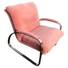 Milo Baughman Brass Lounge Chair in Pink Velvet