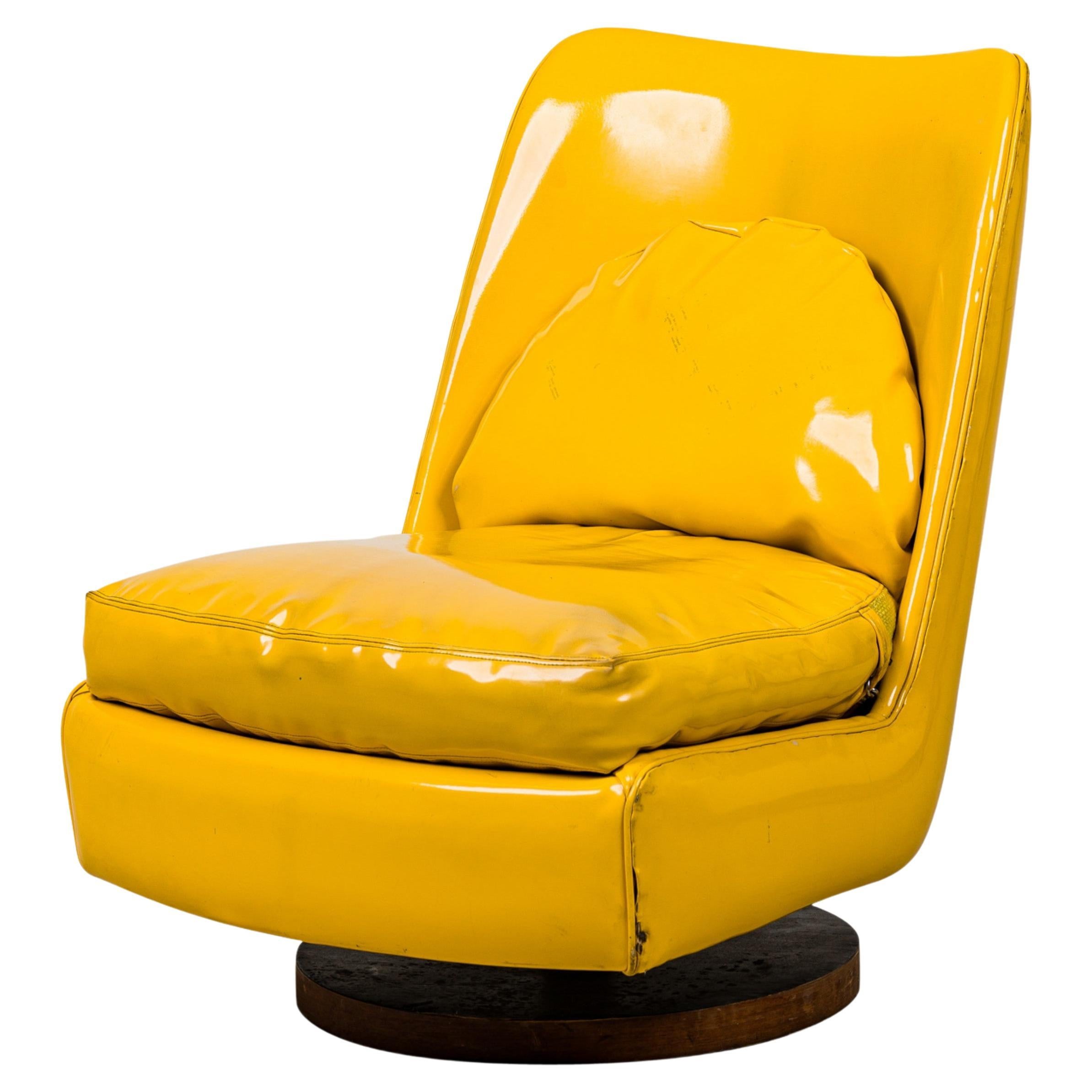 Milo Baughman Bright Yellow Patent Leather Swivel / Tilt Slipper Chair For Sale