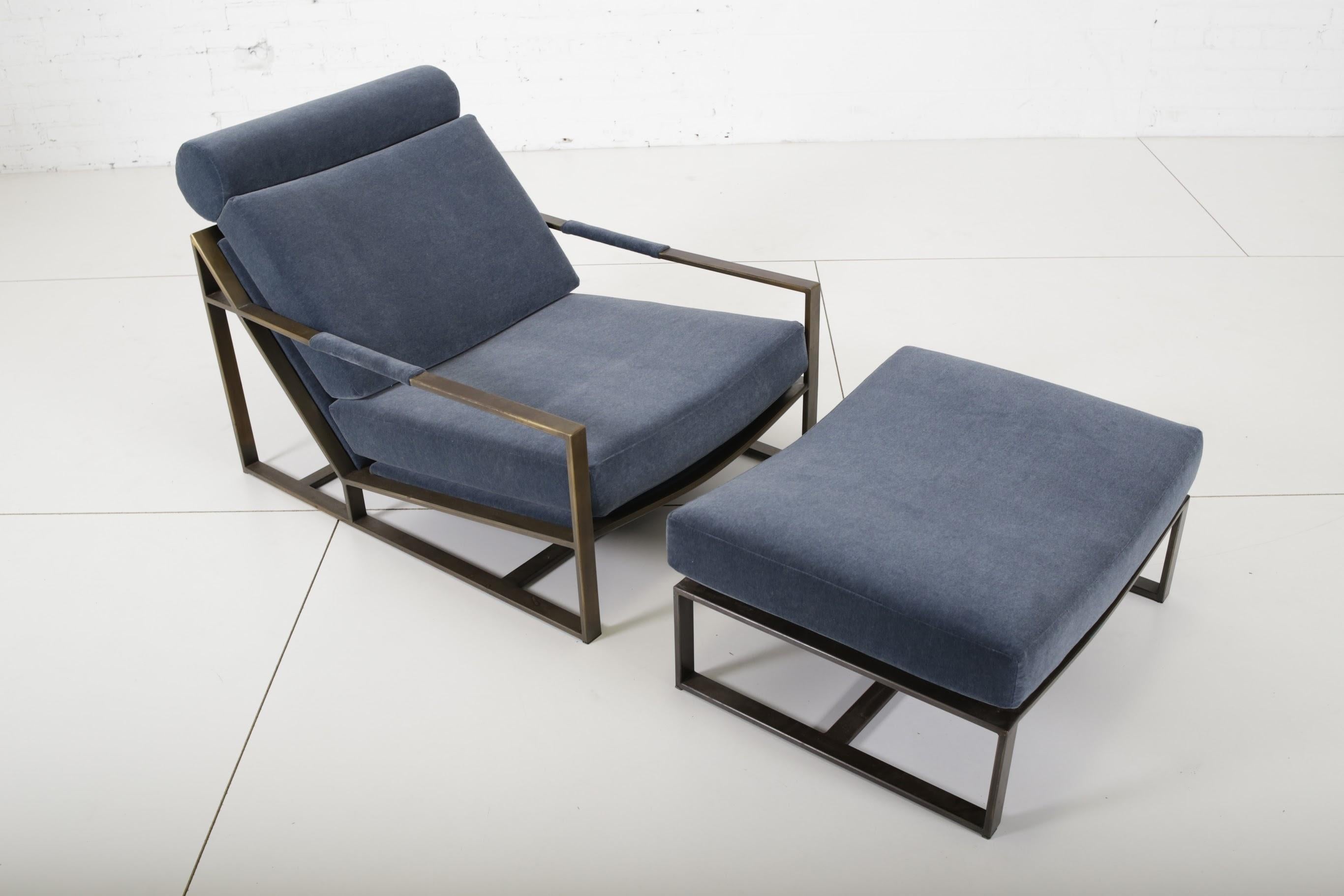 Milo Baughman frame chair with ottoman designed and manufactured in 1965. Fully restored and reupholstered in mohair.