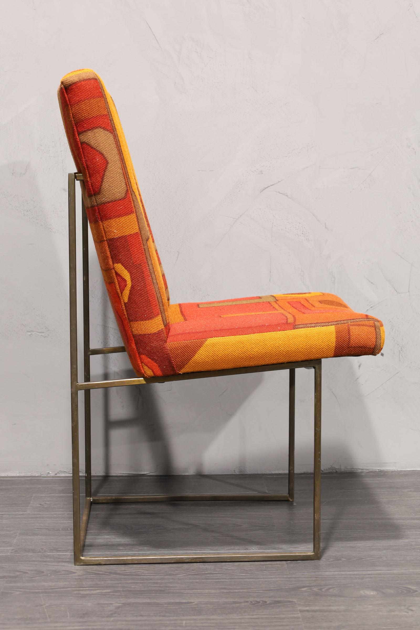 Mid-Century Modern Milo Baughman Bronze Thin Frame Chairs in Jack Lenor Larsen Upholstery For Sale
