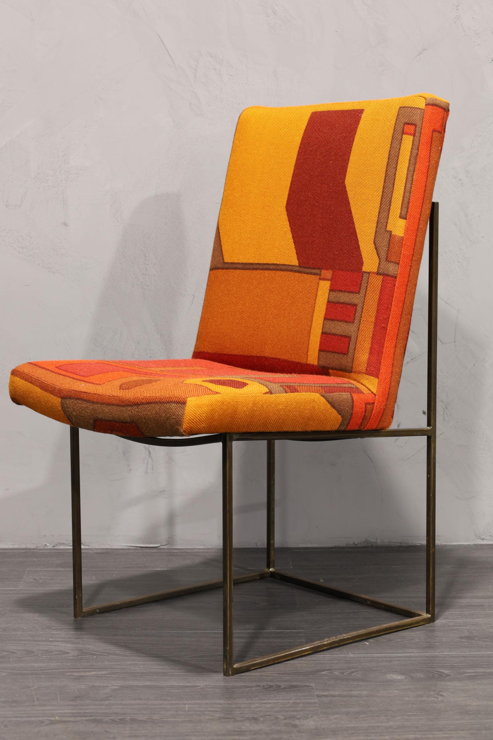 Metal Milo Baughman Bronze Thin Frame Chairs in Jack Lenor Larsen Upholstery For Sale