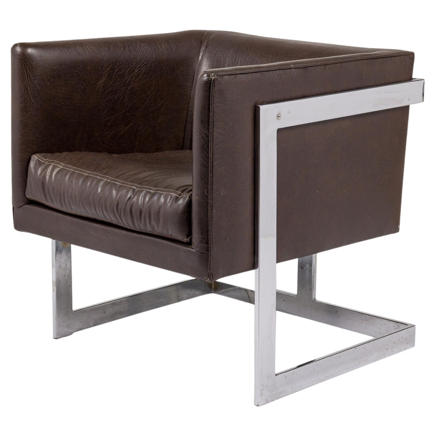 Fauteuil de salon/fauteuil cubique en vinyle brun Milo Baughman en vente
