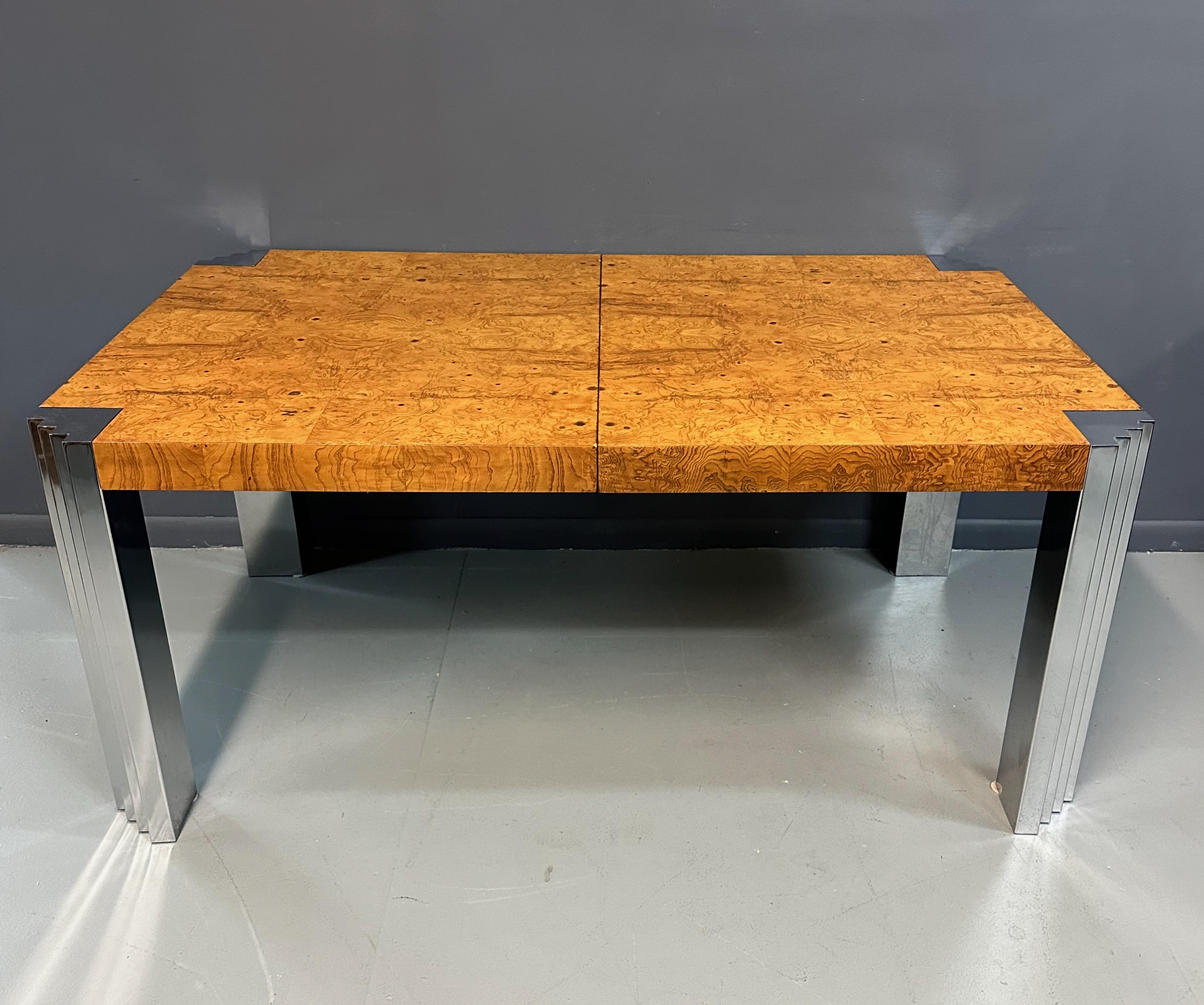 20th Century Milo Baughman Burl and Chrome Dining Table in the Art Deco Style