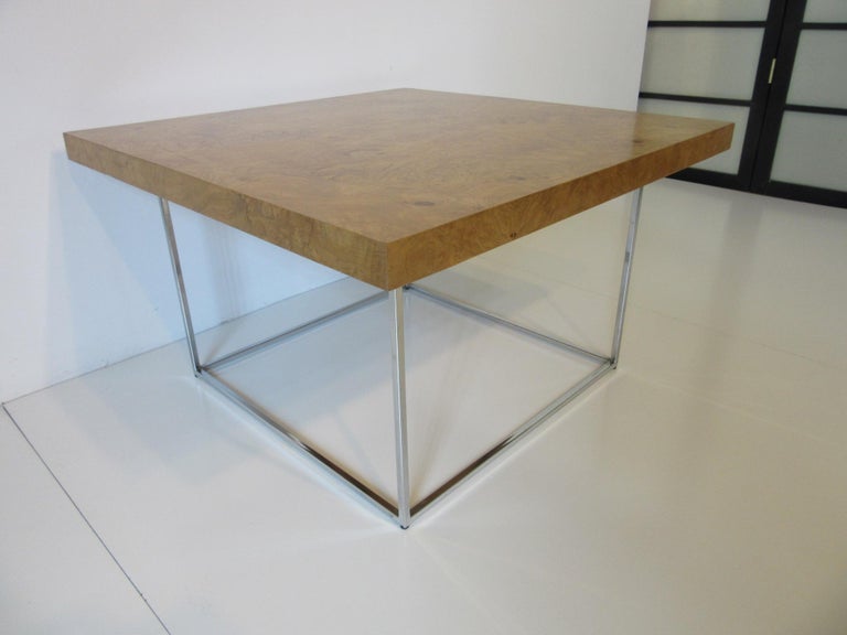 Modern Milo Baughman Styled Burl Coffee Table For Sale
