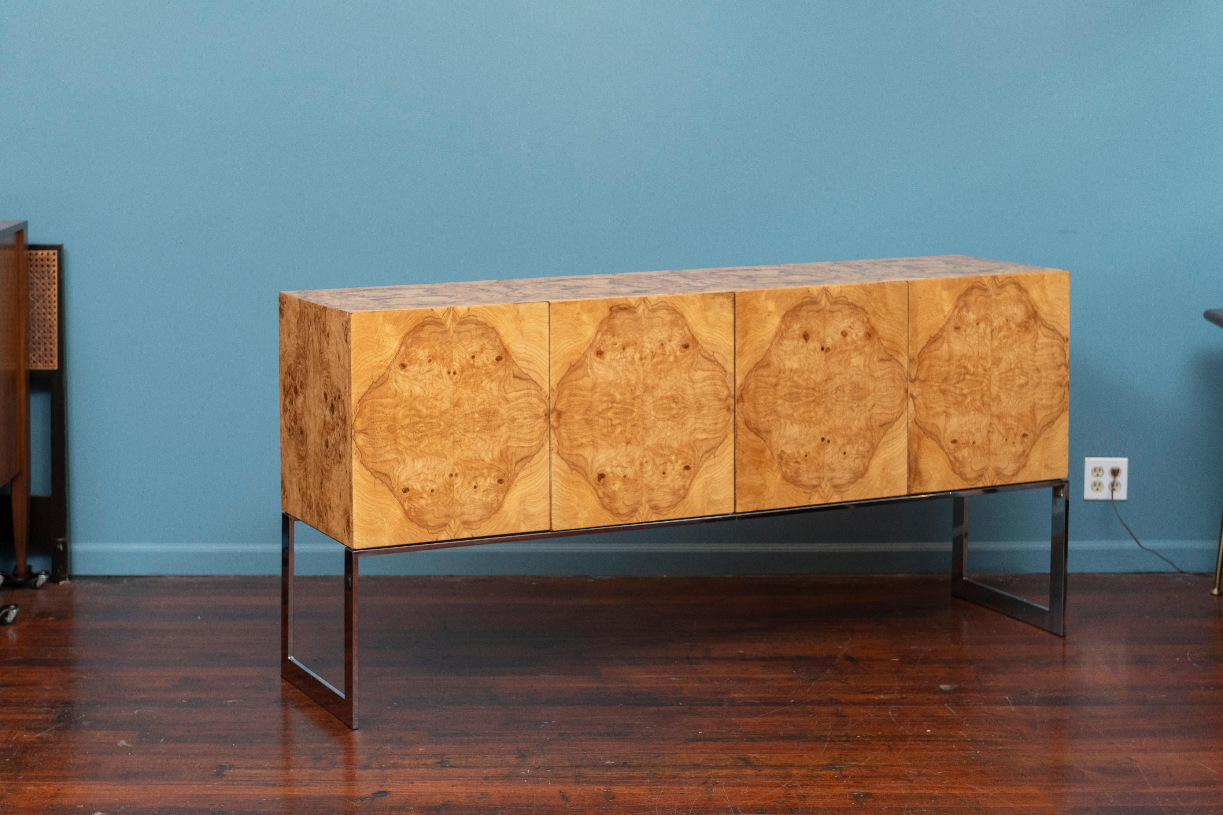 Chrome Milo Baughman Burl Credenza for Thayer Coggin