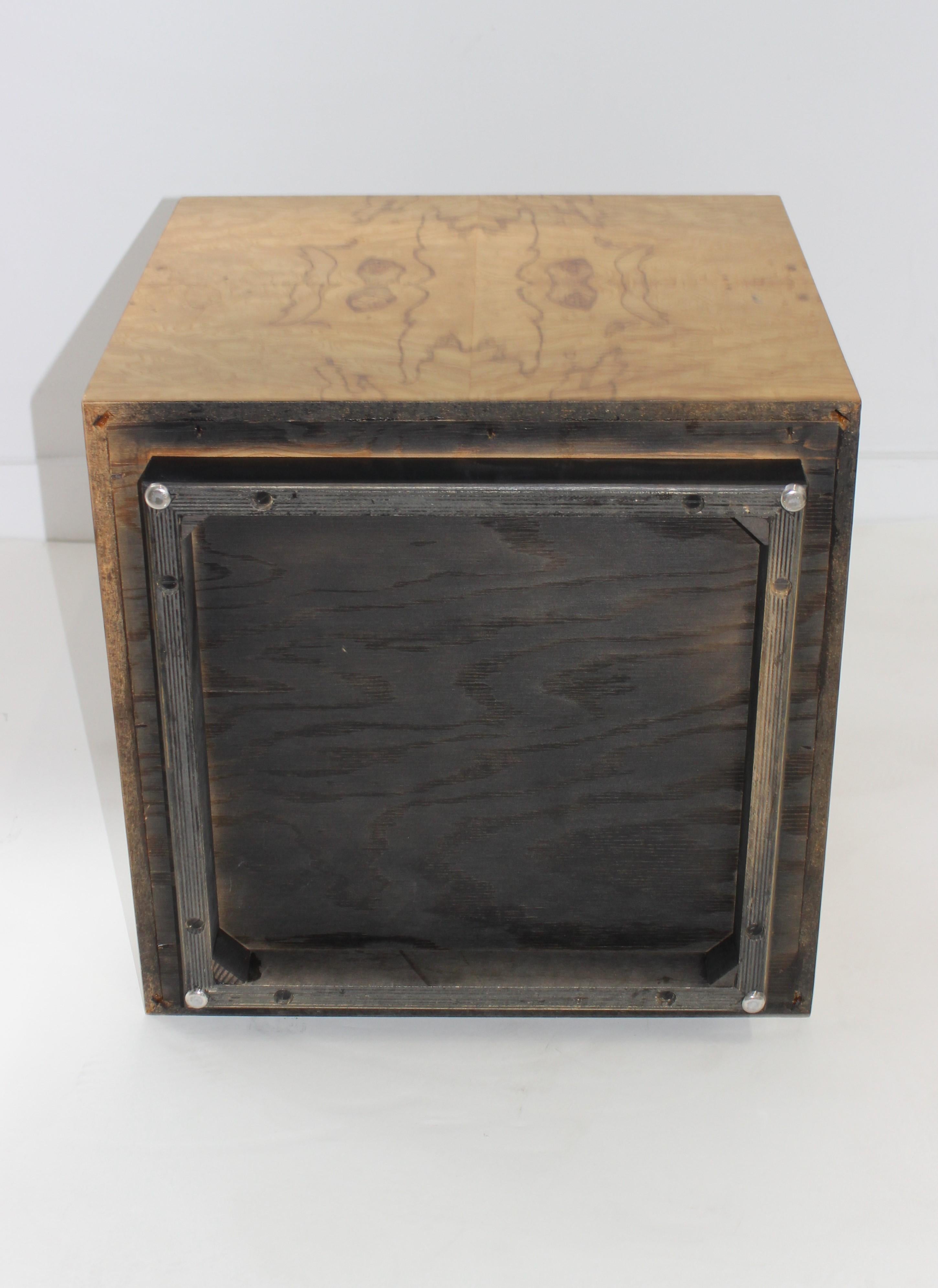 Modern Milo Baughman Burl Olive Wood Cube Side Table or Low Pedestal