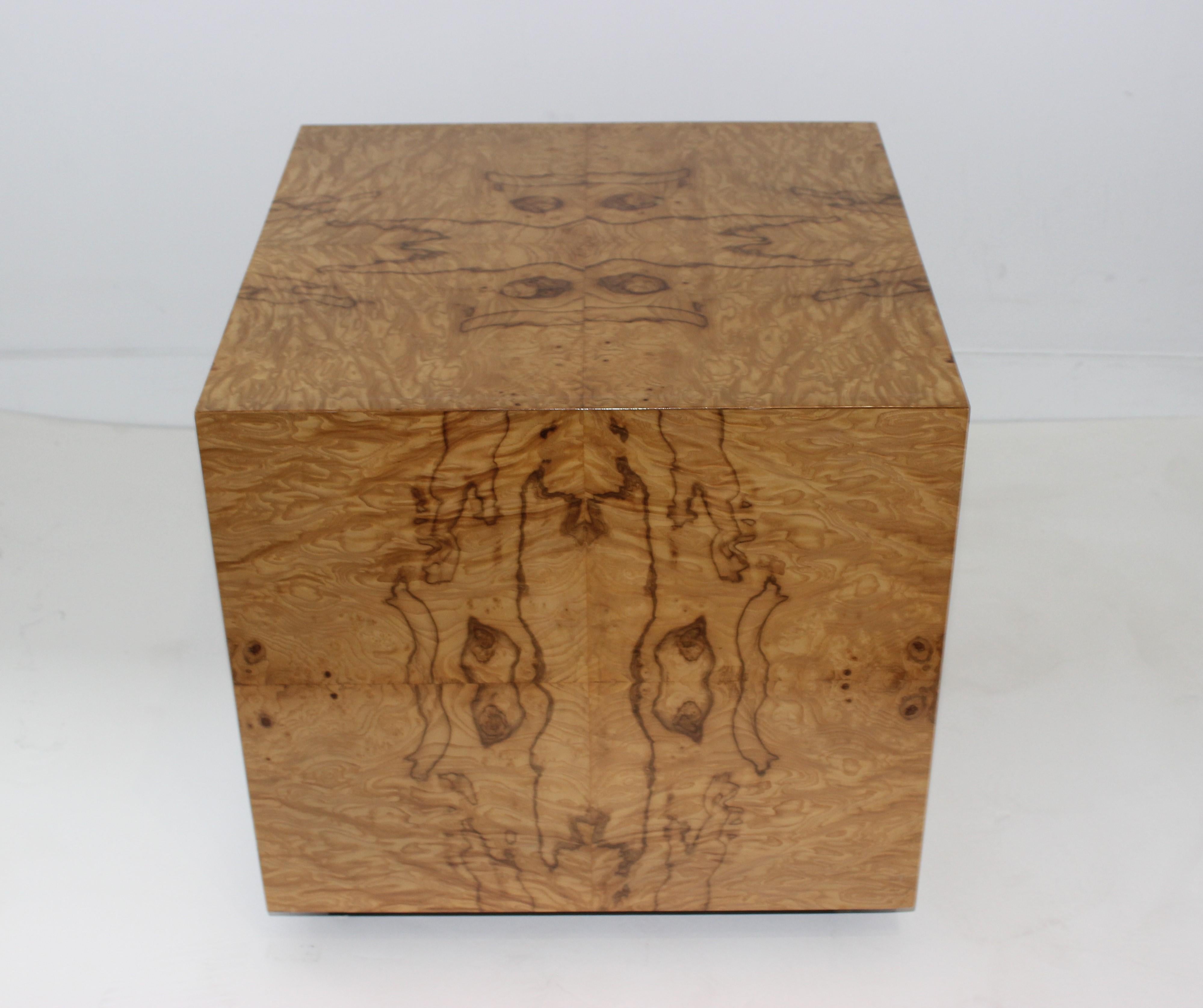 Veneer Milo Baughman Burl Olive Wood Cube Side Table or Low Pedestal