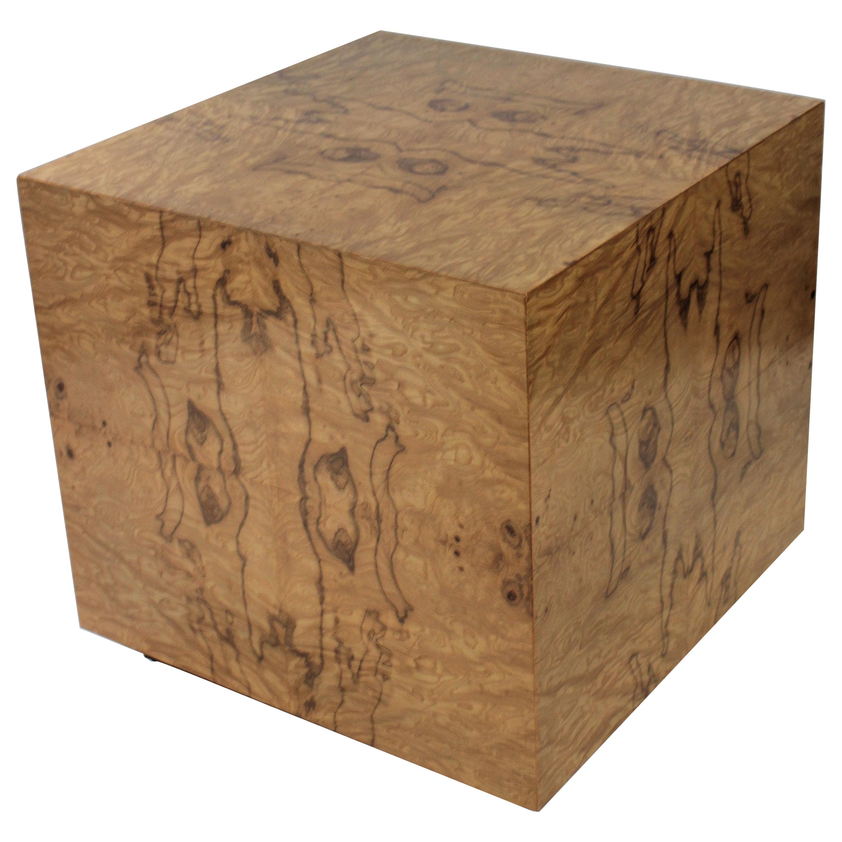 Milo Baughman Burl Olive Wood Cube Side Table or Low Pedestal