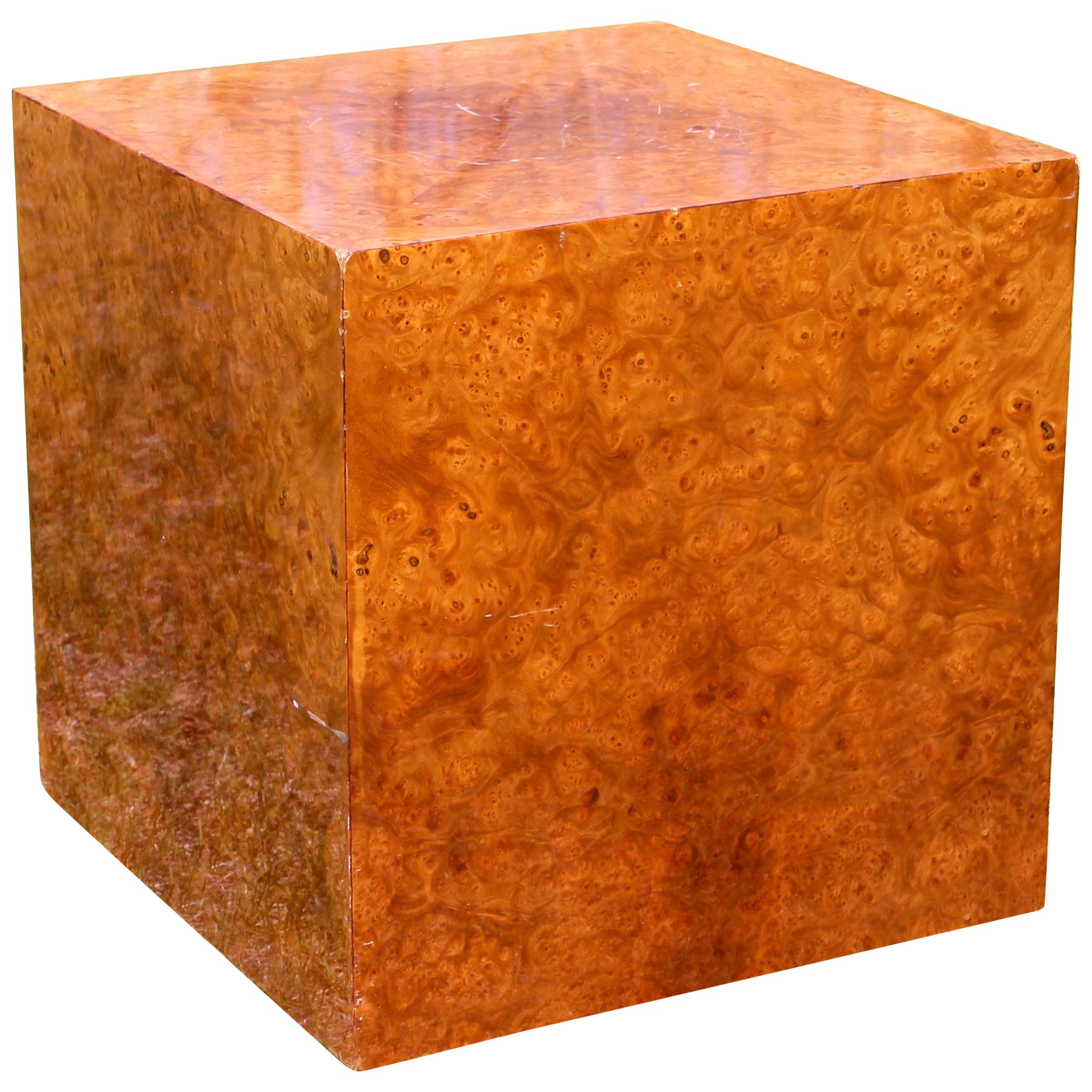 Milo Baughman Style Burl Veneer Cube Coffee Table