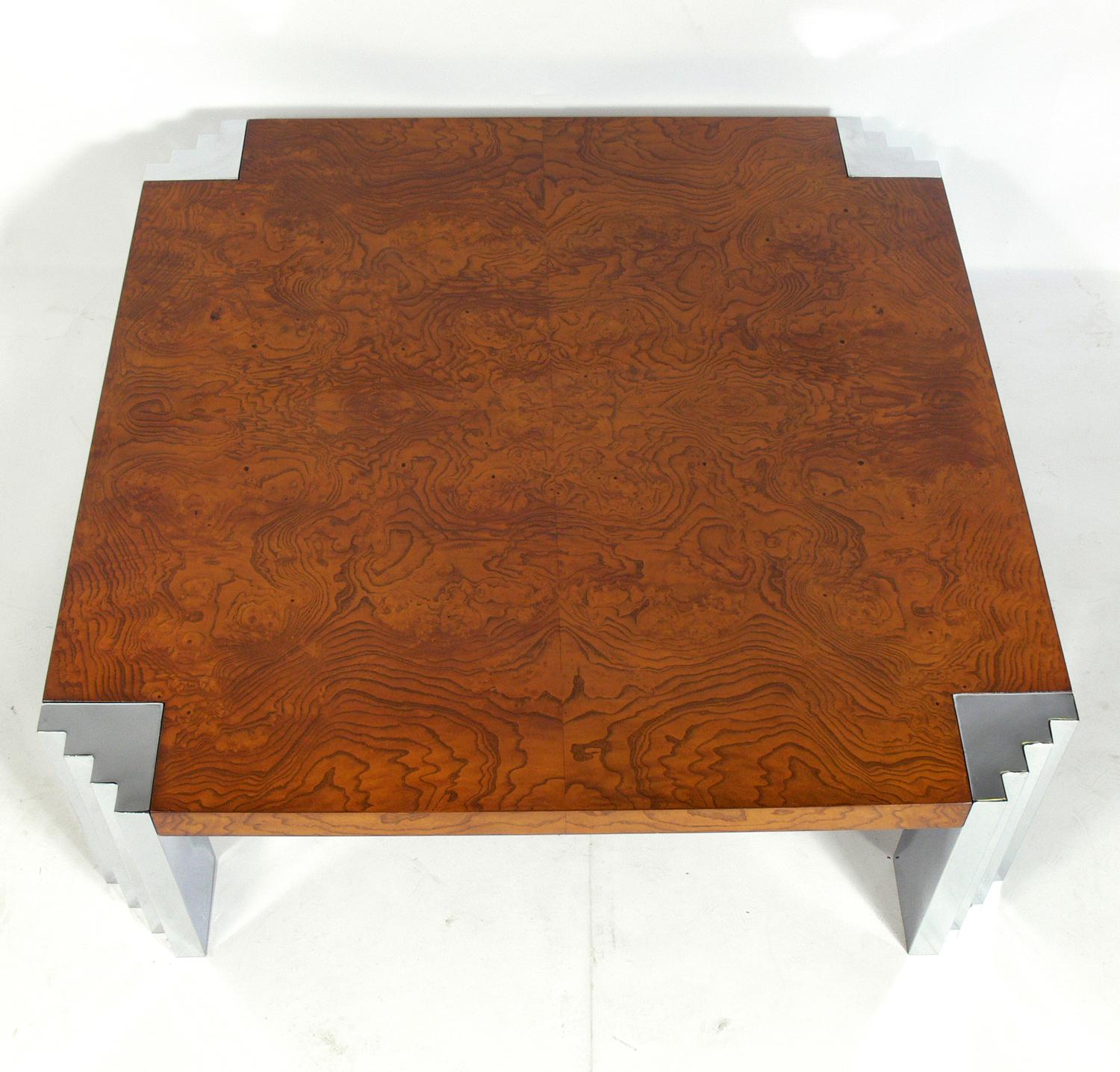 Mid-Century Modern Milo Baughman Burl Wood and Chrome Coffee Table