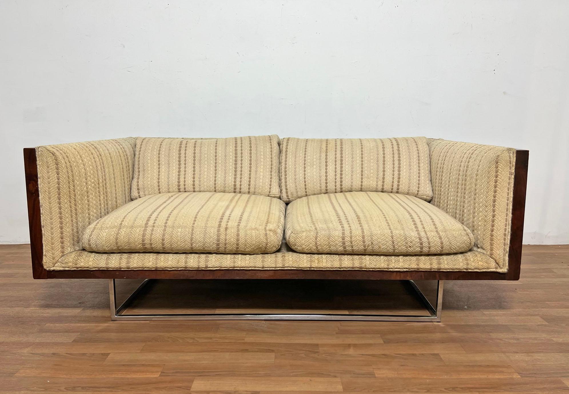 Mid-Century Modern Milo Baughman Burl Wood Cased Loveseat Sofa for Thayer Coggin, circa 1960s For Sale