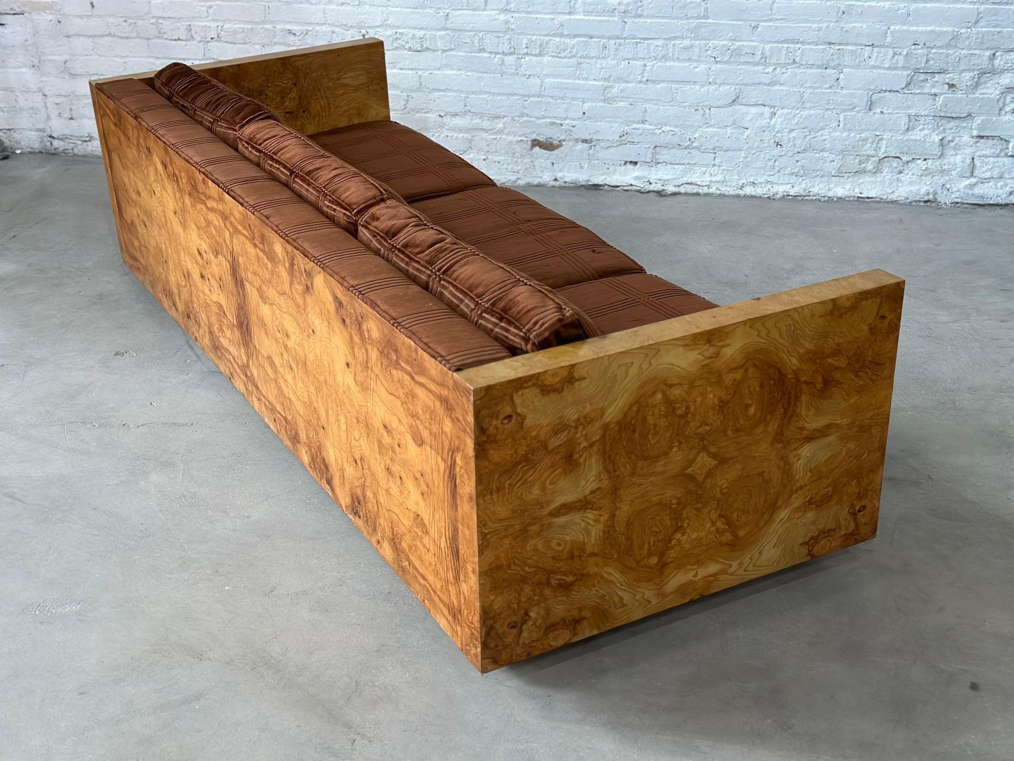 Milo Baughman Burl Wood Cased Sofa, 1970. Beautiful condition, original upholstery.

