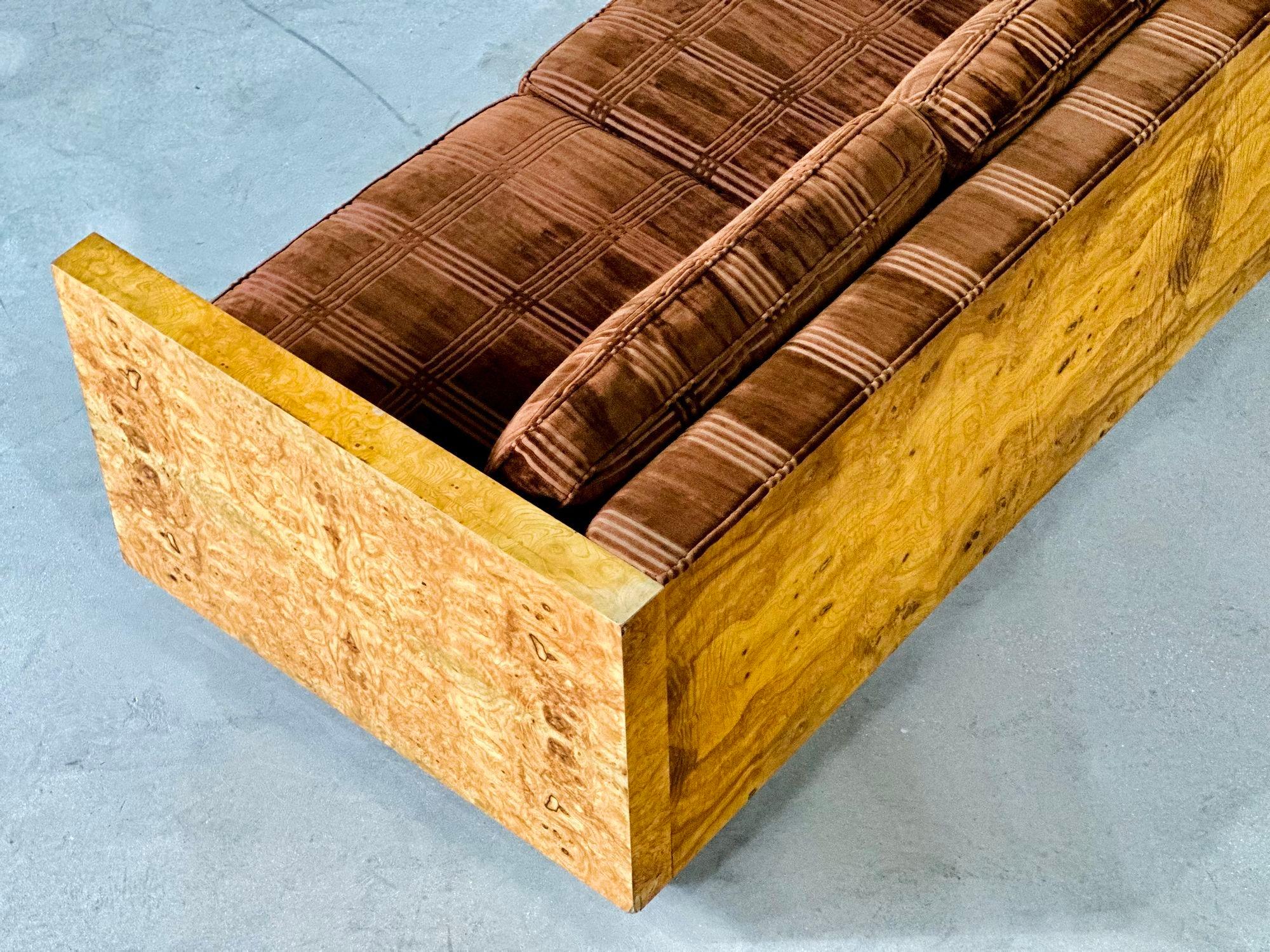 Mid-Century Modern Milo Baughman Burl Wood Cased Sofa, 1970 For Sale