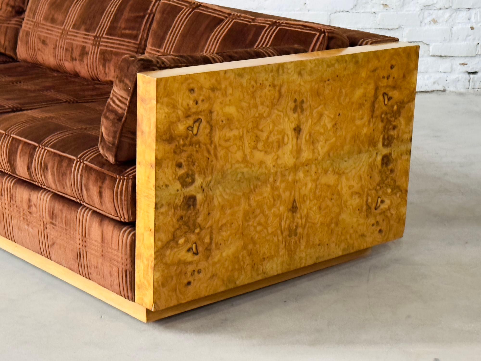 American Milo Baughman Burl Wood Cased Sofa, 1970 For Sale