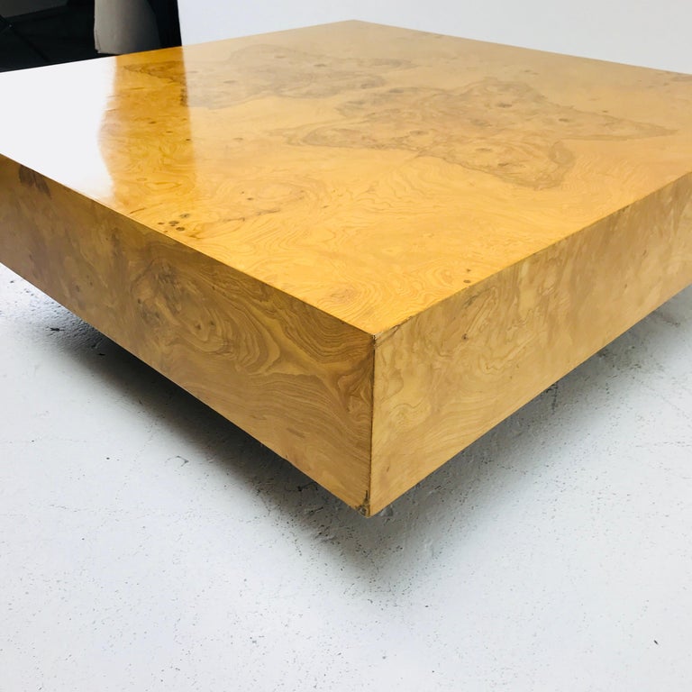 Milo Baughman Burl Wood Coffee Table with Plinth Base at 1stDibs