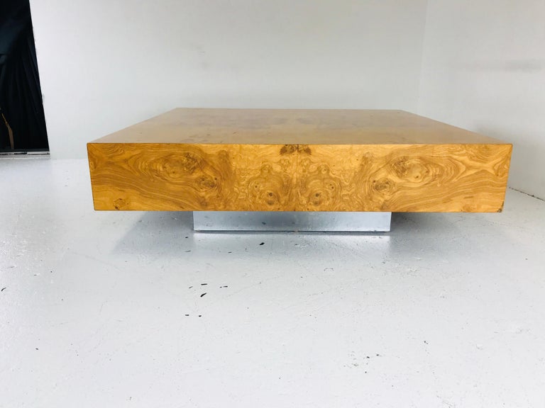 Milo Baughman Burl Wood Coffee Table with Plinth Base at 1stDibs
