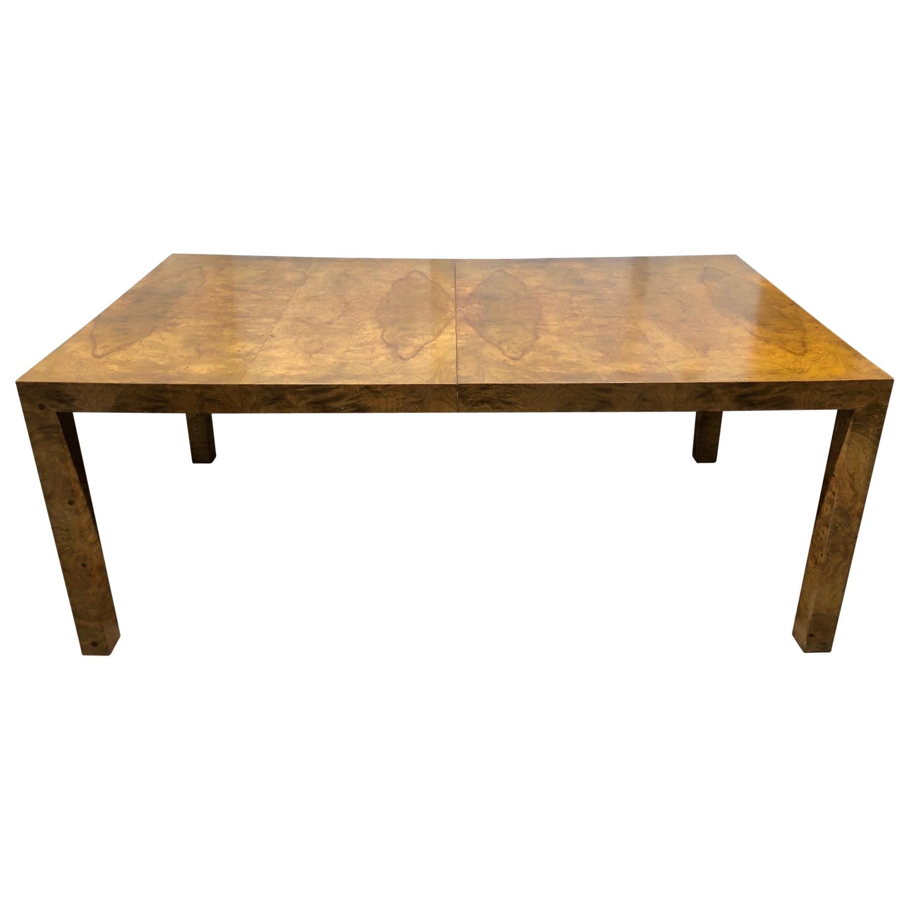 Milo Baughman Burl Wood Dining Table with Two Leaves