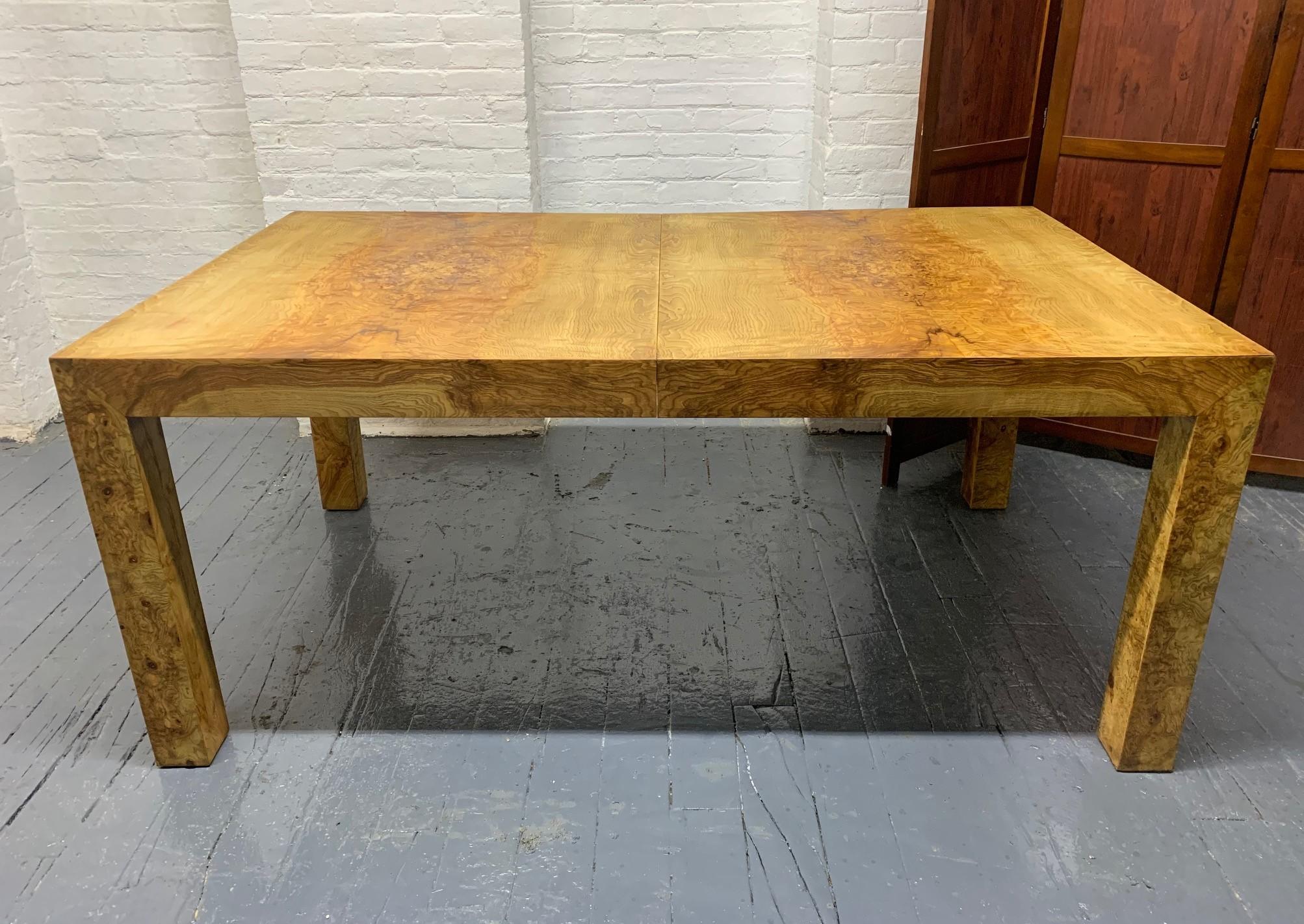Mid-Century Modern Signed Milo Baughman Burl Wood Dining Table with Two Leaves