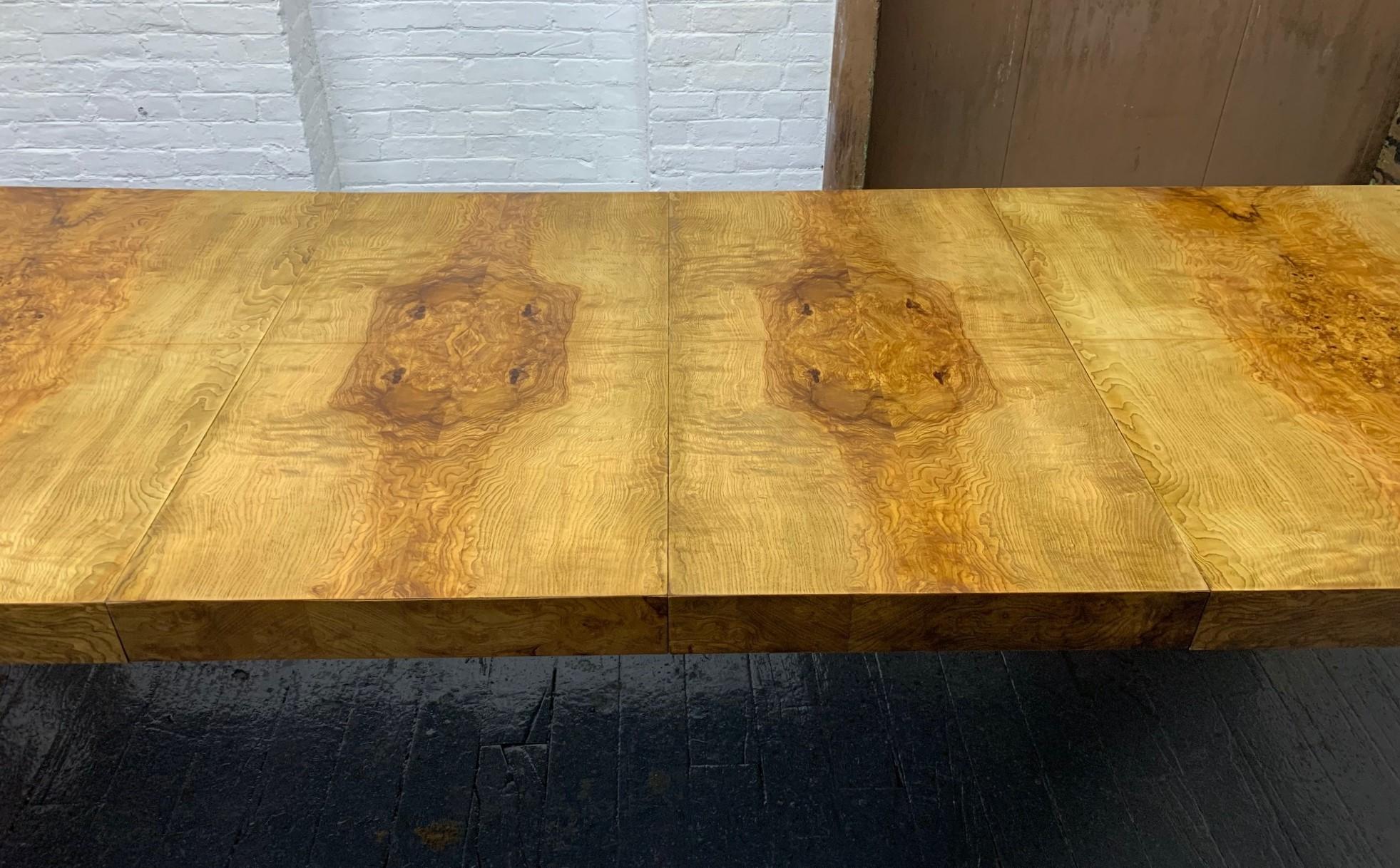 Signed Milo Baughman Burl Wood Dining Table with Two Leaves In Good Condition In New York, NY