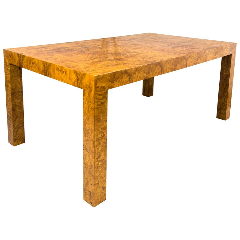 Milo Baughman Burl Wood Dining Table with Two Leaves