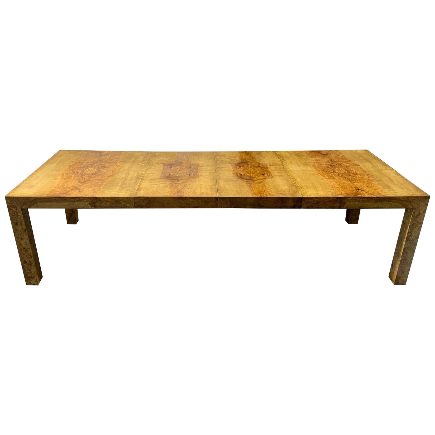 Signed Milo Baughman Burl Wood Dining Table with Two Leaves