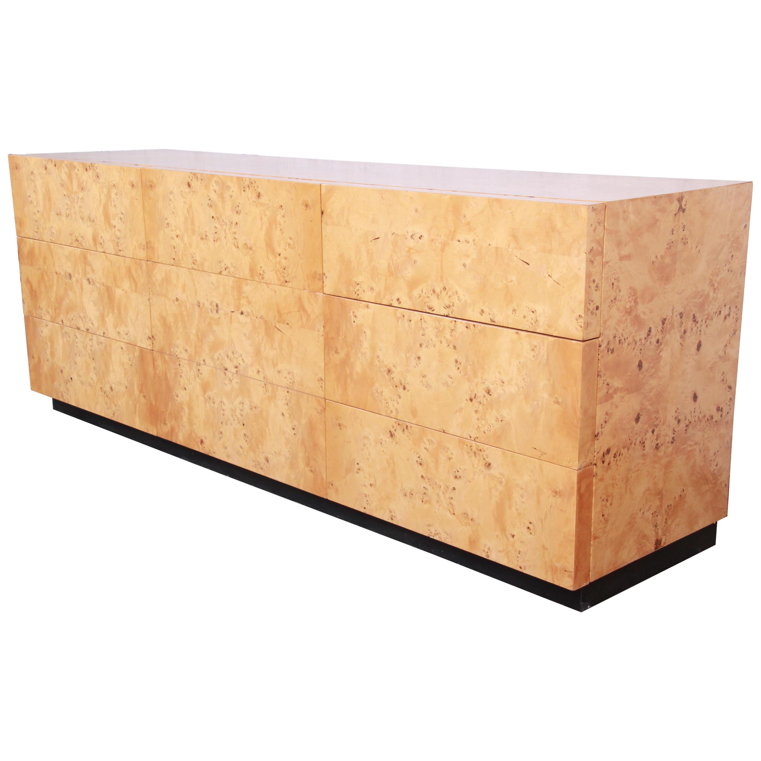 Milo Baughman Burled Olive Wood Long Dresser or Credenza