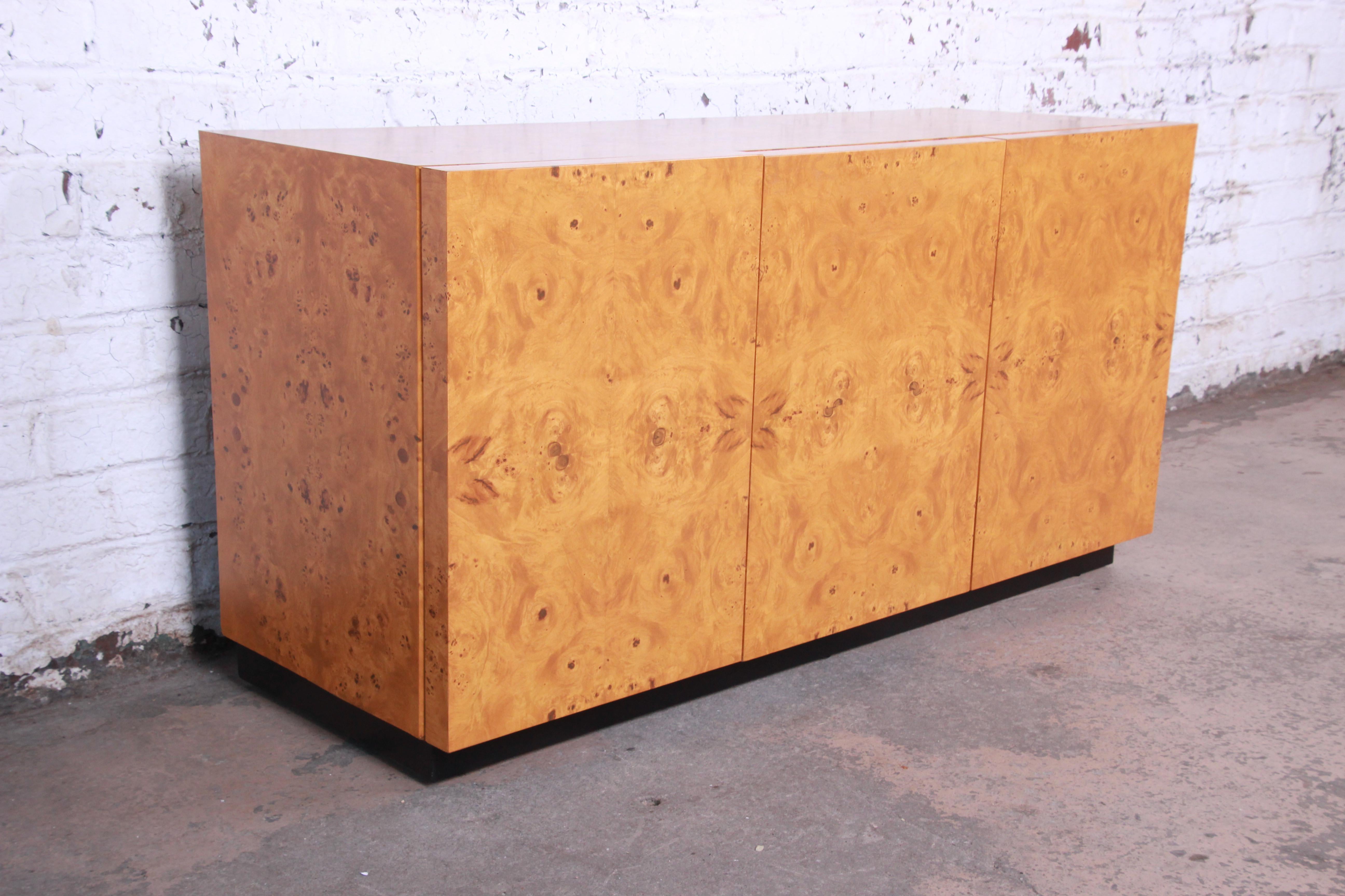 Mid-Century Modern Milo Baughman Burled Olive Wood Sideboard Credenza, Newly Refinished