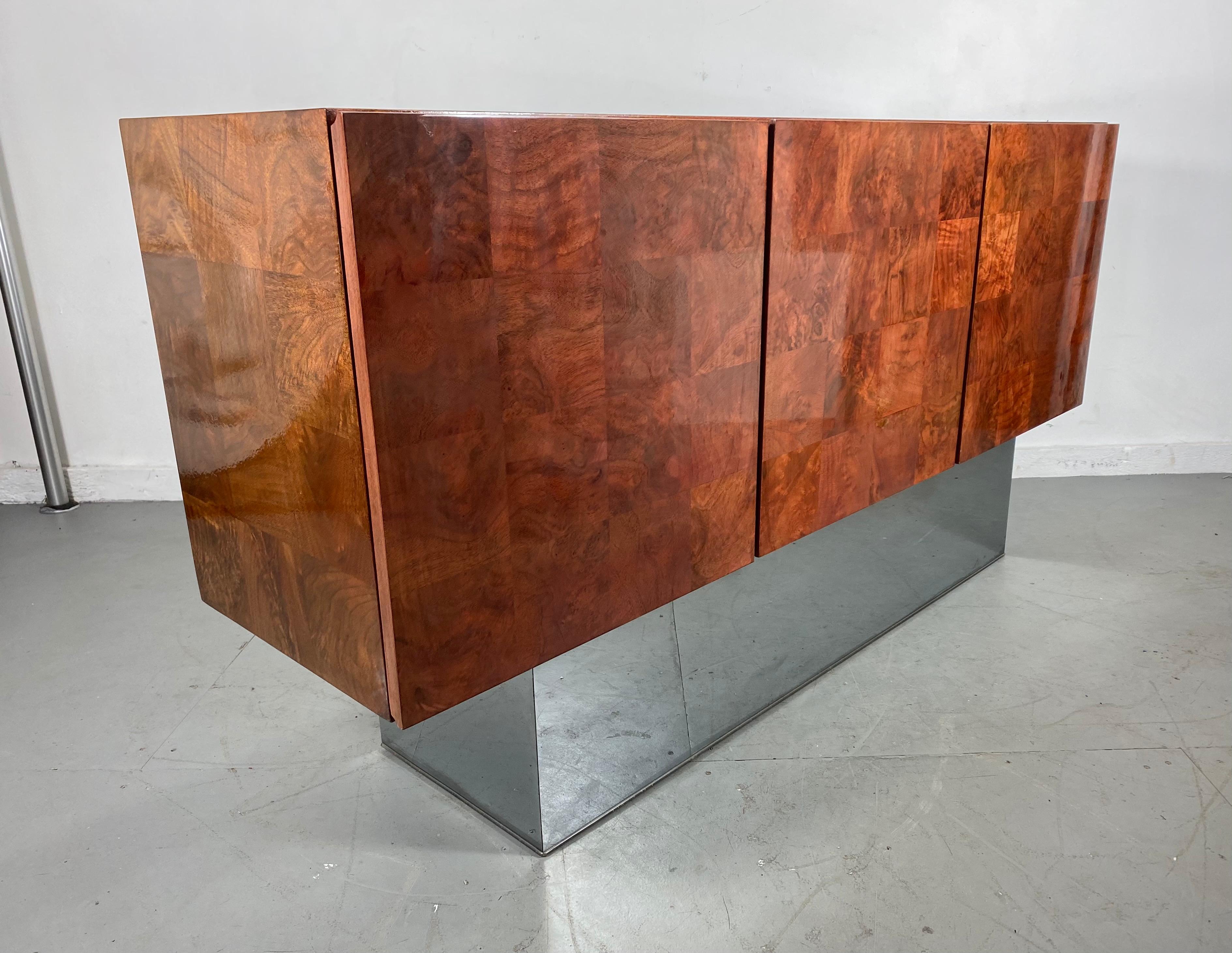 American Milo Baughman Burled Patchwork Walnut and Chrome Tall Credenza, /Modernist