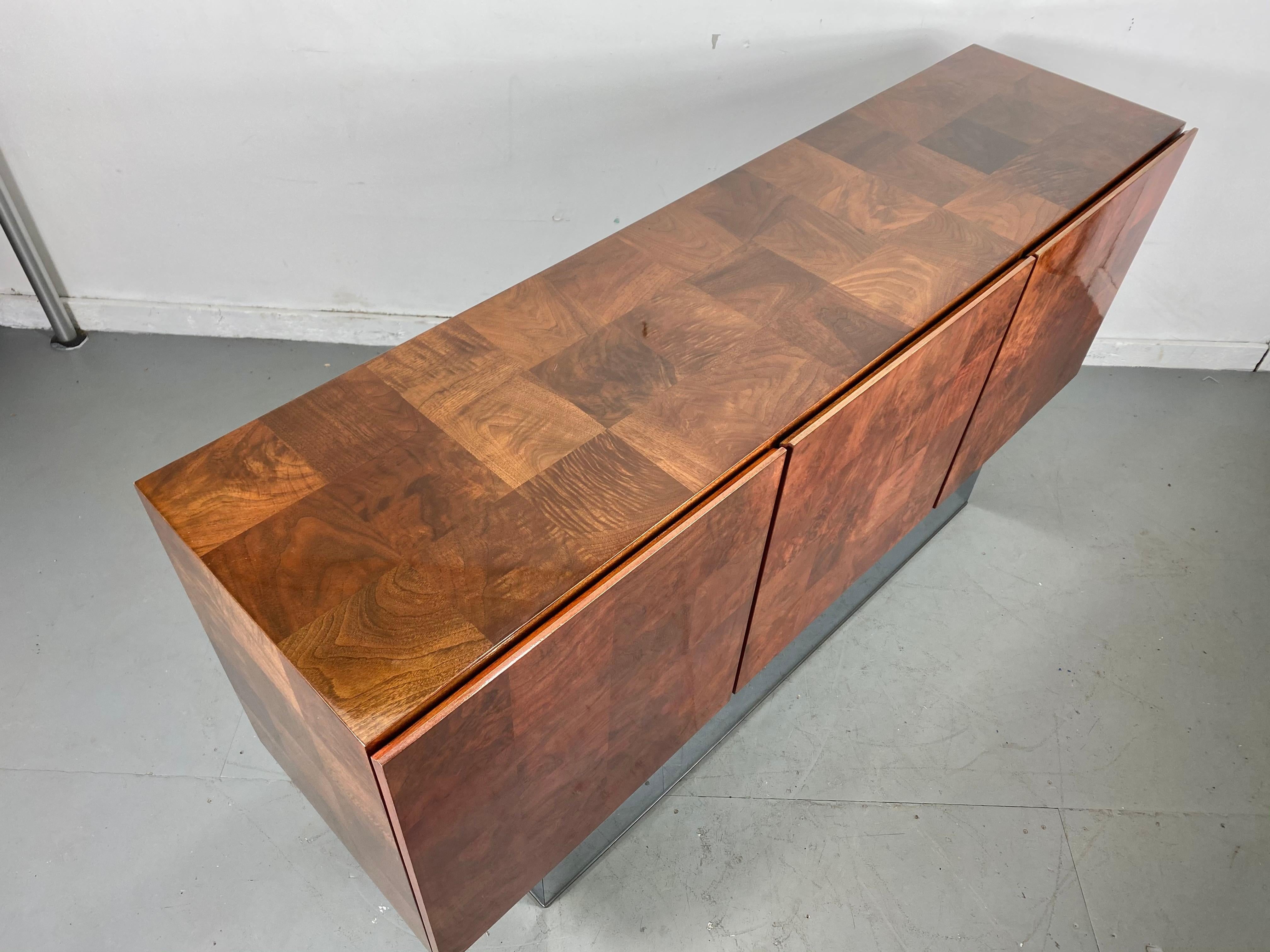 Late 20th Century Milo Baughman Burled Patchwork Walnut and Chrome Tall Credenza, /Modernist