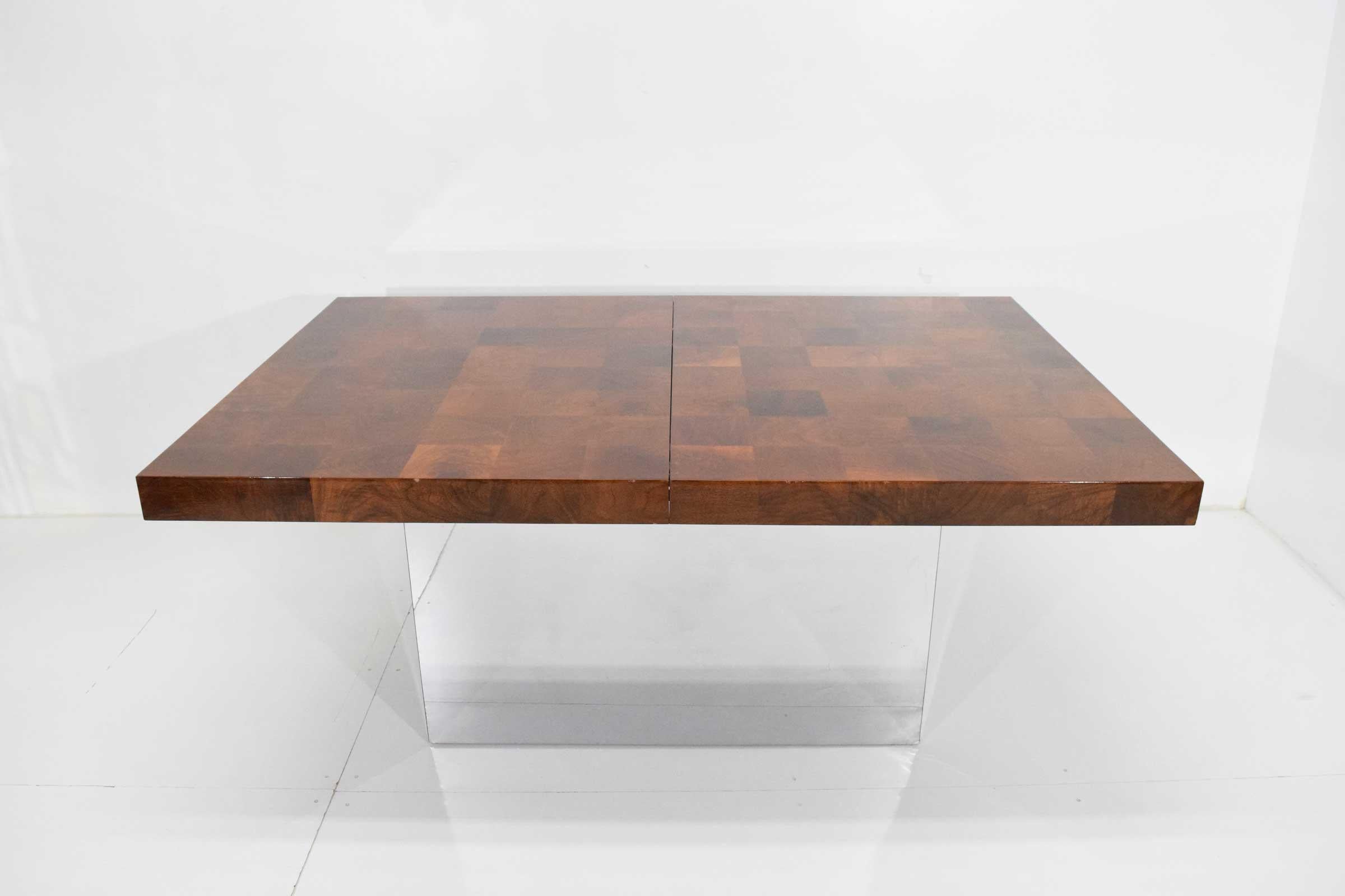 American Milo Baughman Burl Wood Dining Table with Chrome Base