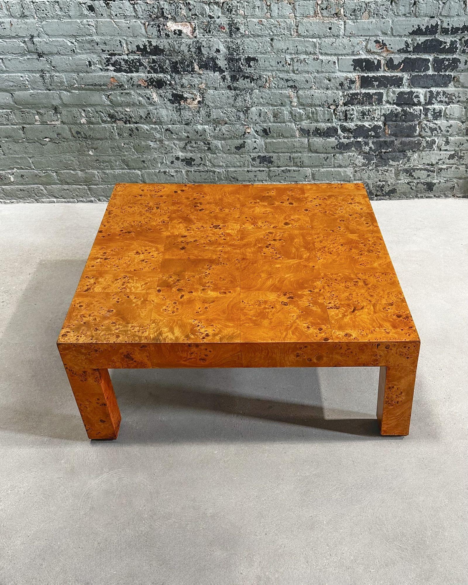 Milo Baughman Burlwood Parsons Coffee Table, 1970. Table has been completely restored.
Measures 39