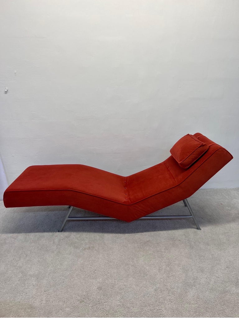 Burnt orange ultra suede fabric chaise lounge on gray powder coated base designed by Milo Baughman in 1953 and produced by Thayer Coggin, circa 1970s.