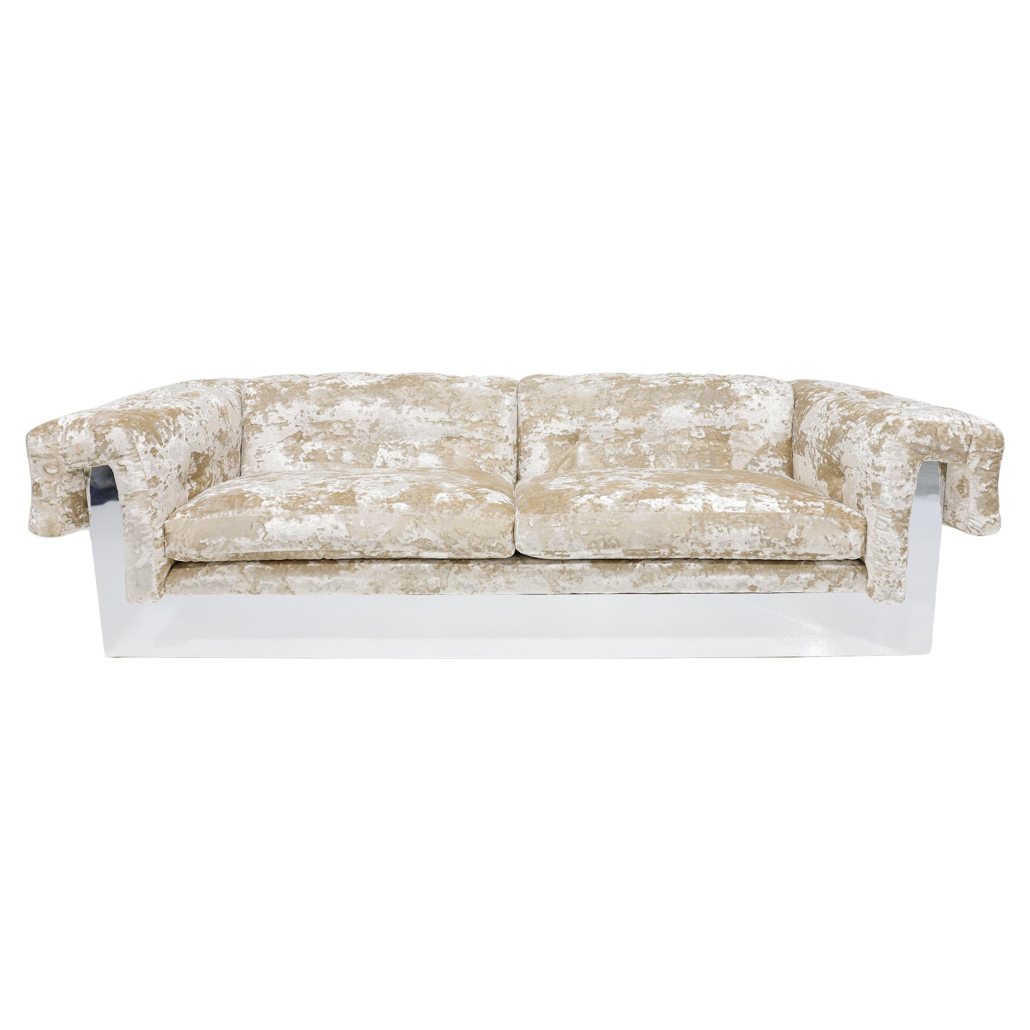 Mid-Century Modern Milo Baughman Button Tufted Chrome Sofa in a Crushed Velvet For Sale