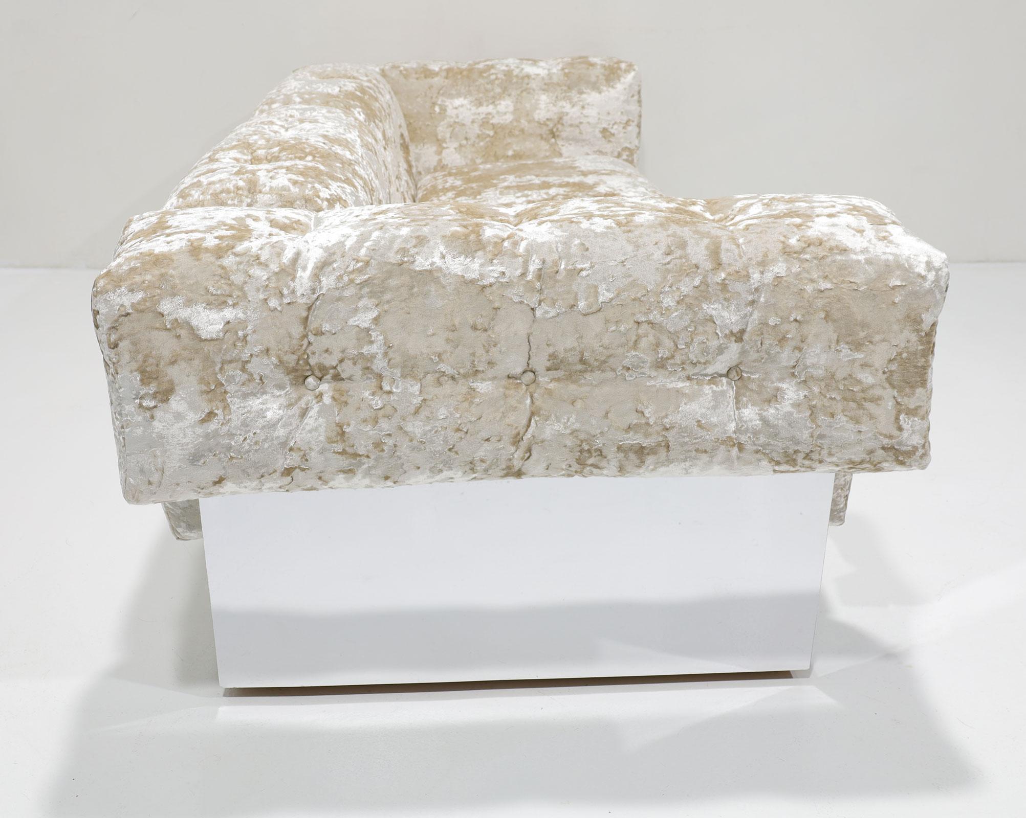 American Milo Baughman Button Tufted Chrome Sofa in a Crushed Velvet For Sale