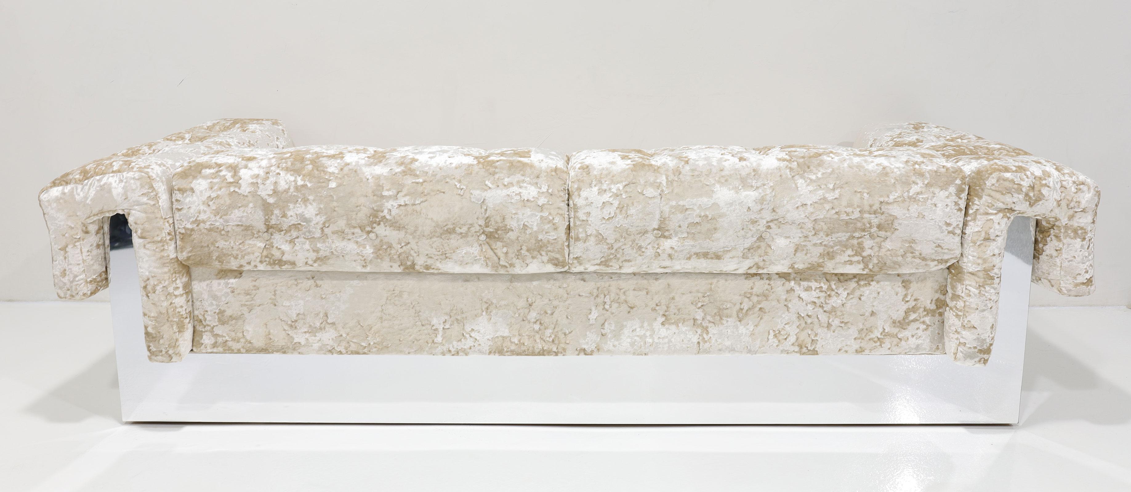 20th Century Milo Baughman Button Tufted Chrome Sofa in a Crushed Velvet For Sale