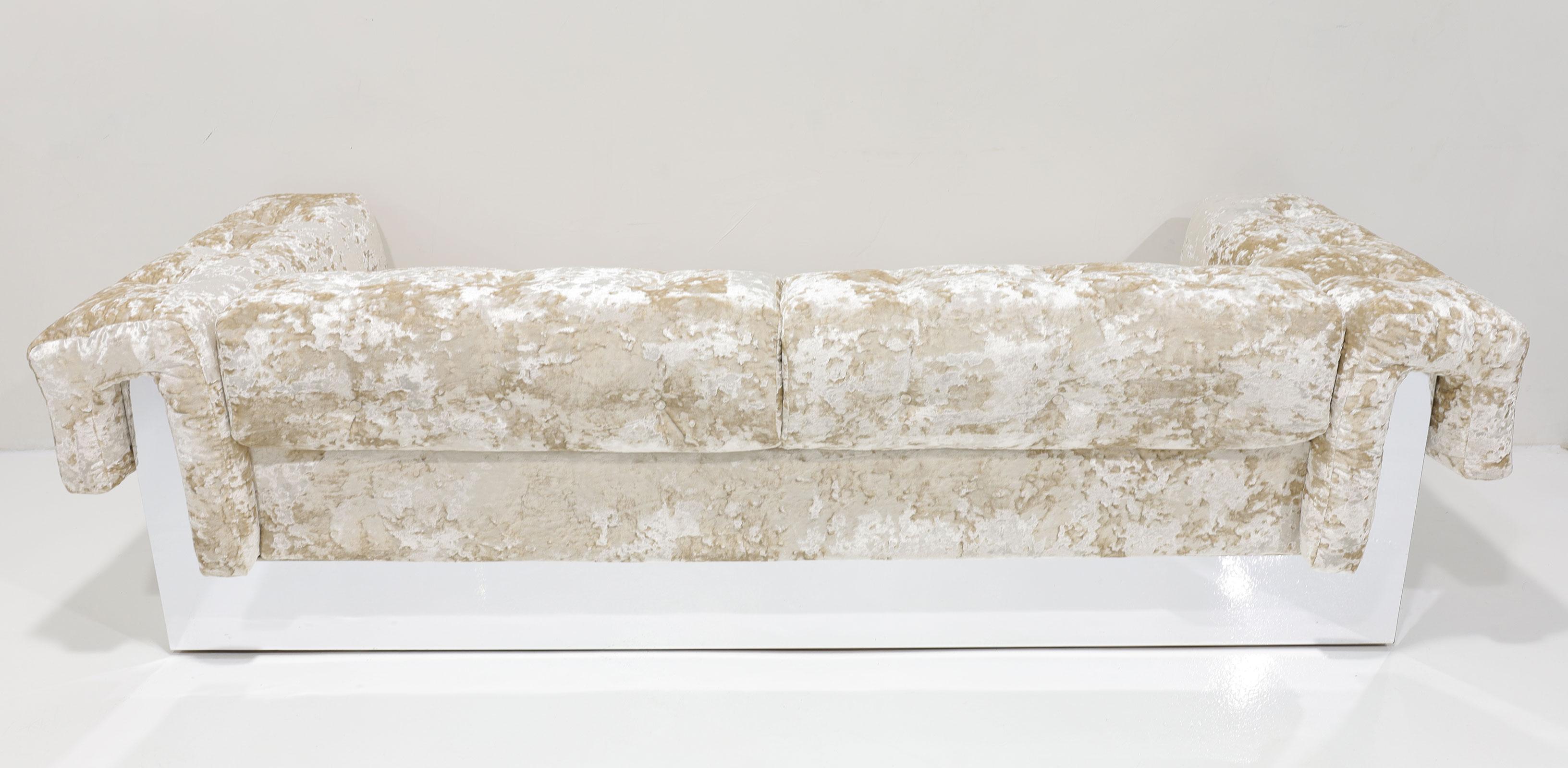 Upholstery Milo Baughman Button Tufted Chrome Sofa in a Crushed Velvet For Sale
