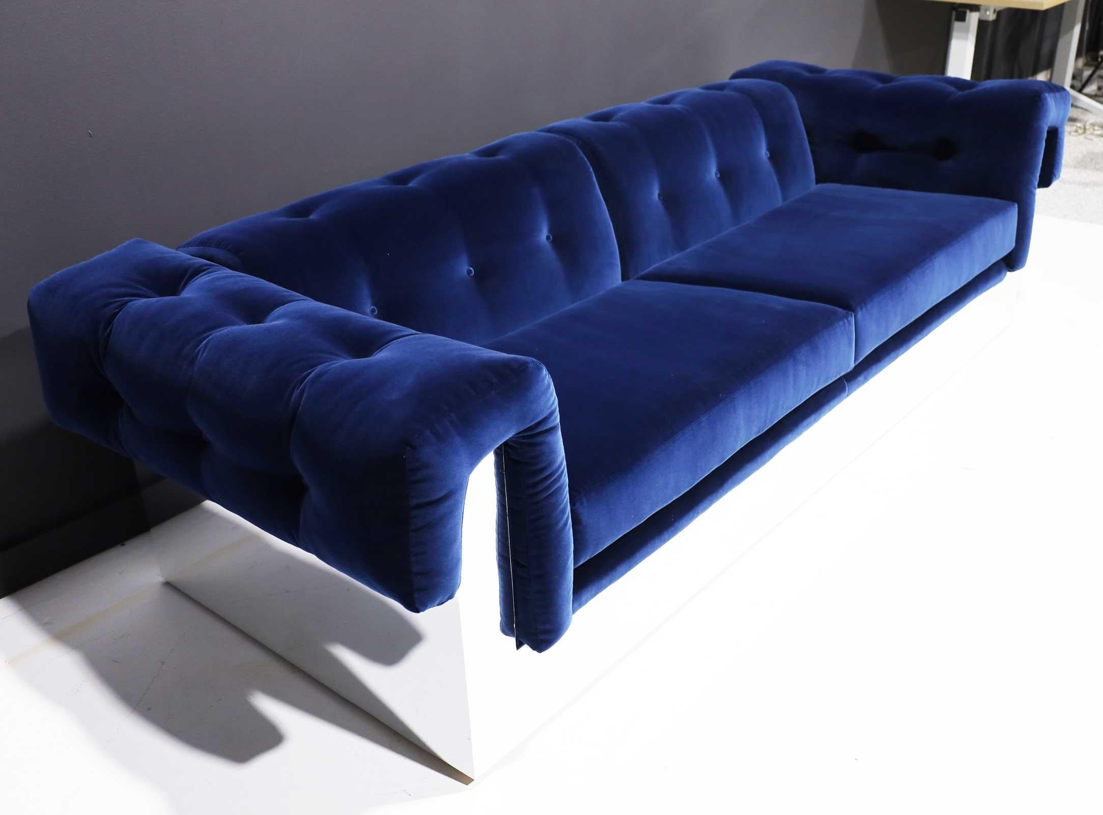 Mid-Century Modern Milo Baughman Button Tufted Chrome Sofa in a Navy Blue Velvet from France