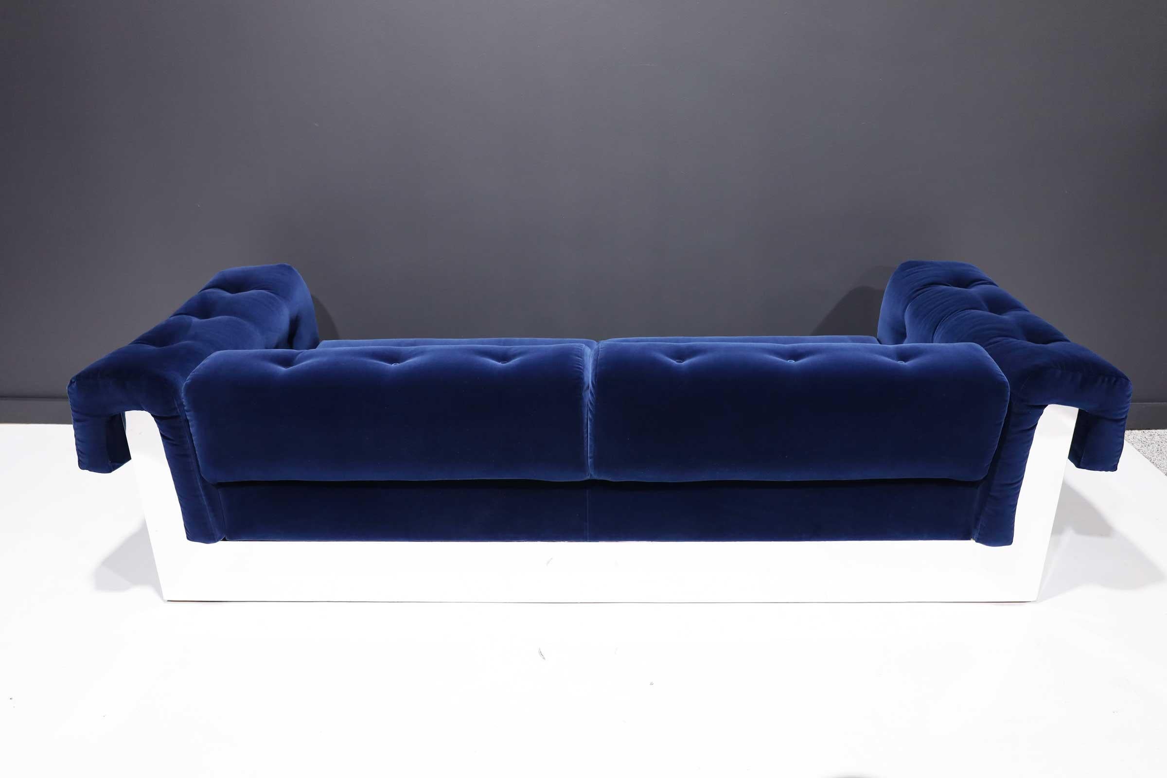 20th Century Milo Baughman Button Tufted Chrome Sofa in a Navy Blue Velvet from France