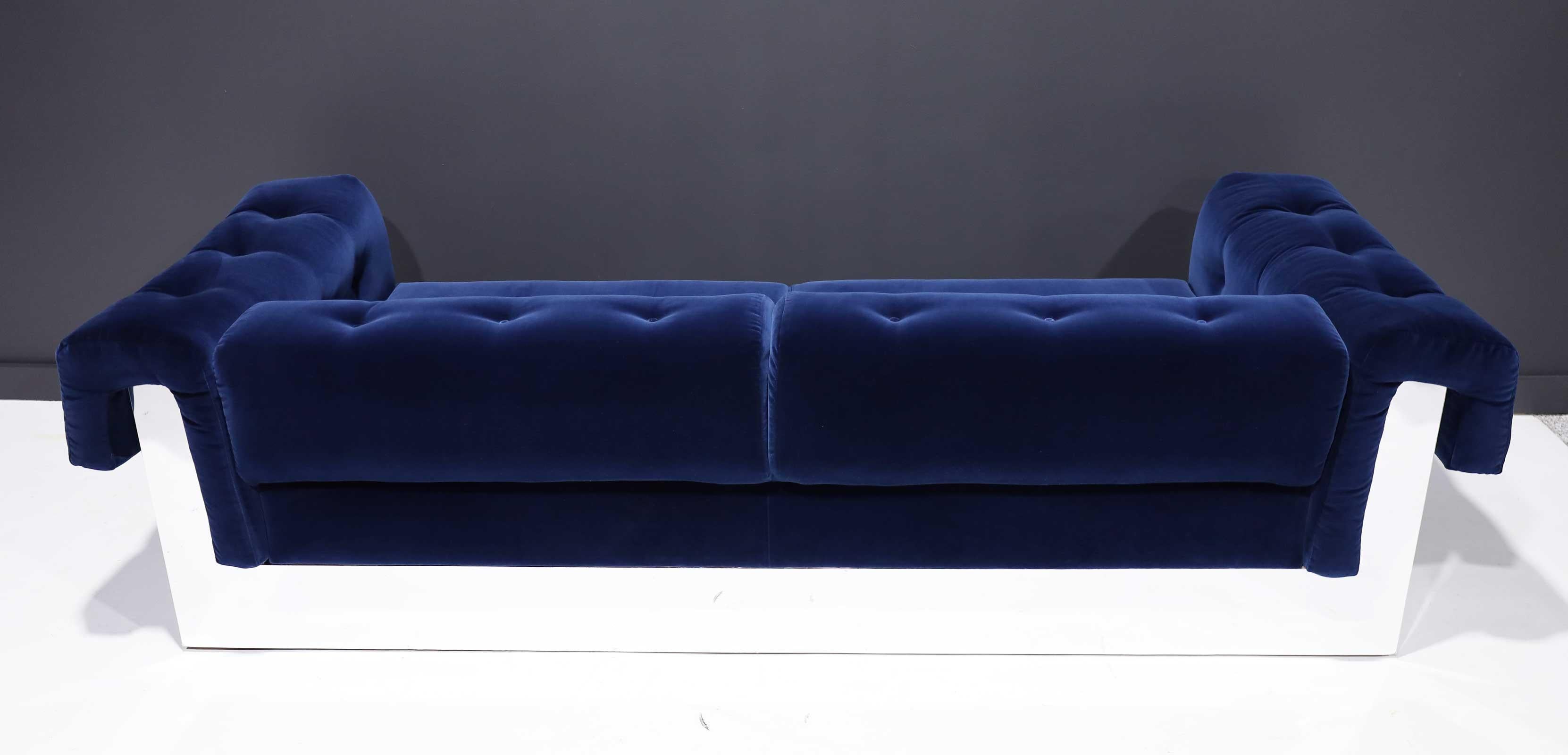 Milo Baughman Button Tufted Chrome Sofa in a Navy Blue Velvet from France 1