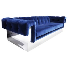 Milo Baughman Button Tufted Chrome Sofa in a Navy Blue Velvet from France