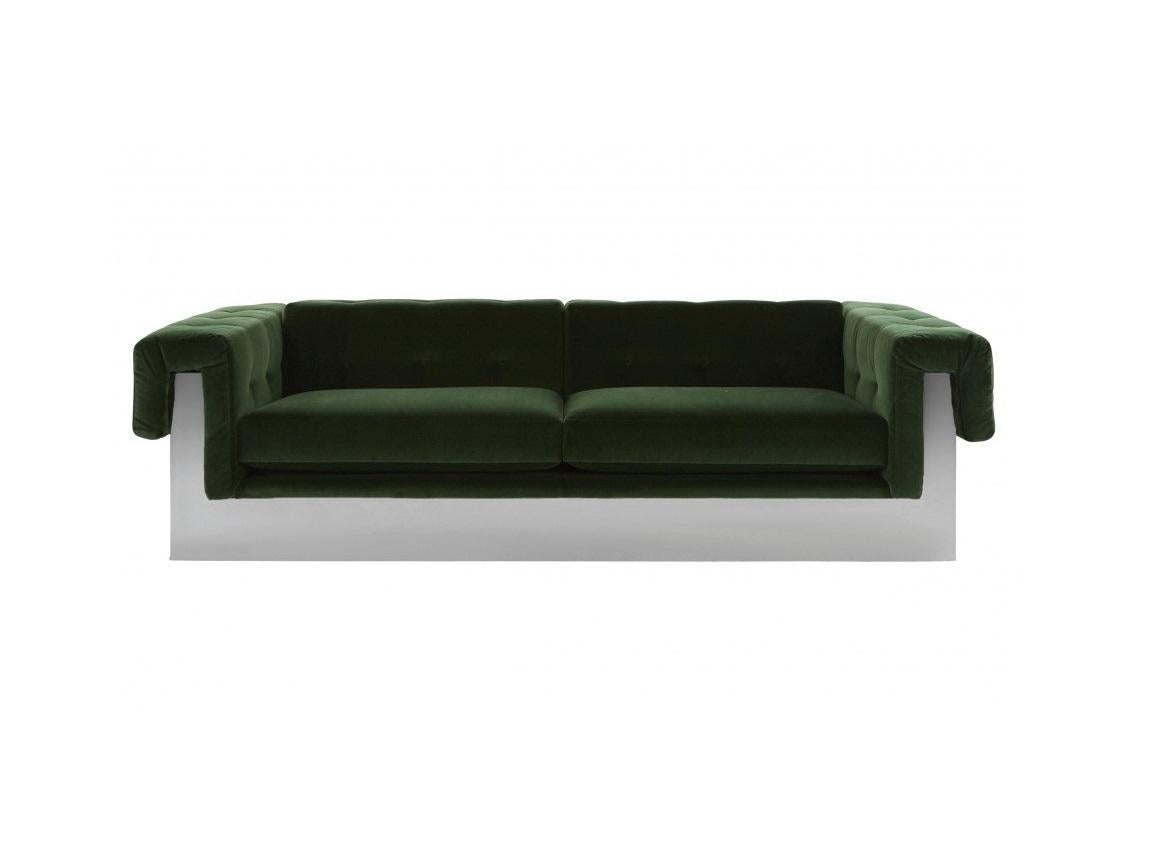 Mid-Century Modern Milo Baughman Button-Tufted Green & Chrome Wrapped Sofa For Sale