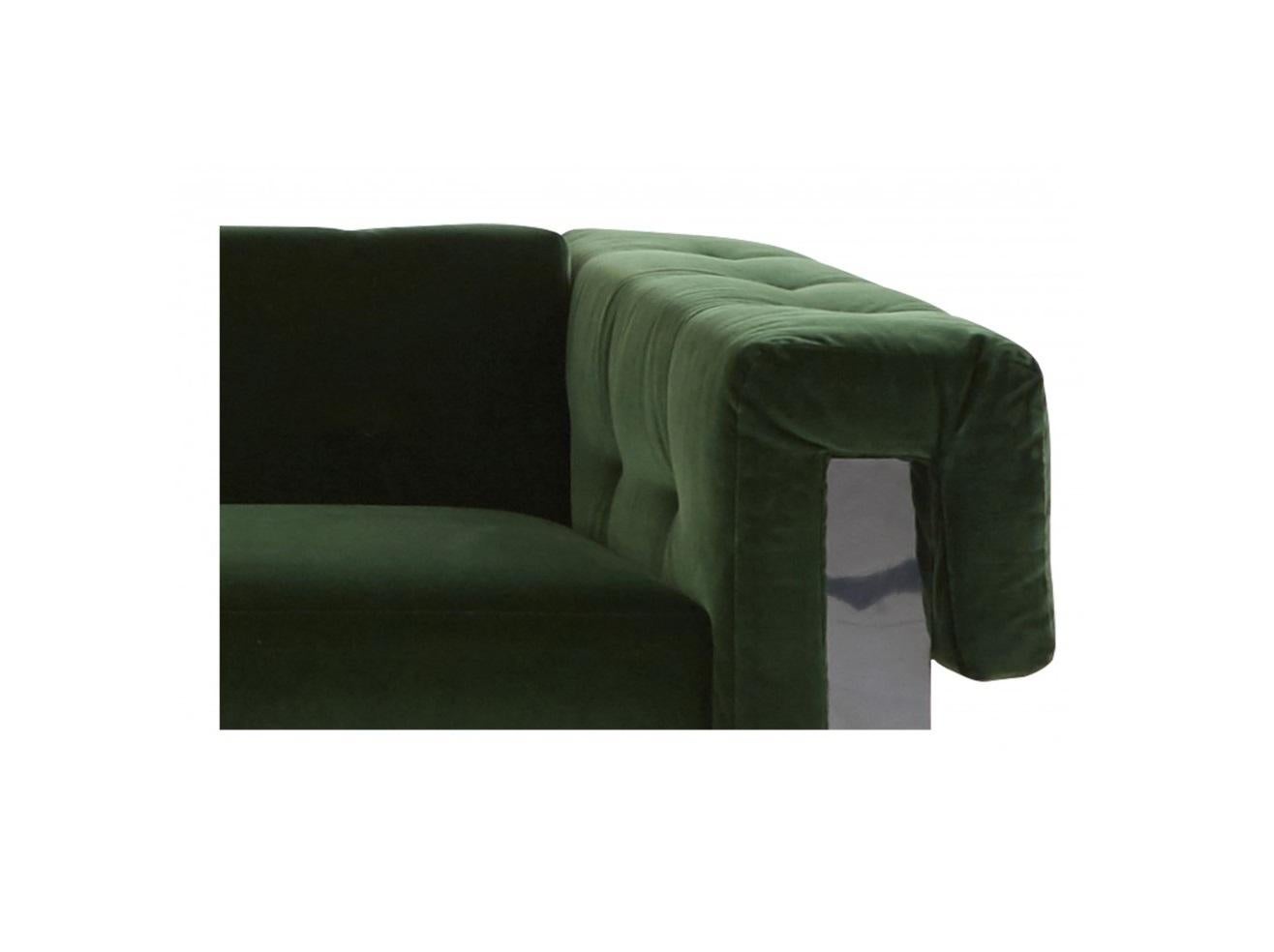 American Milo Baughman Button-Tufted Green & Chrome Wrapped Sofa For Sale