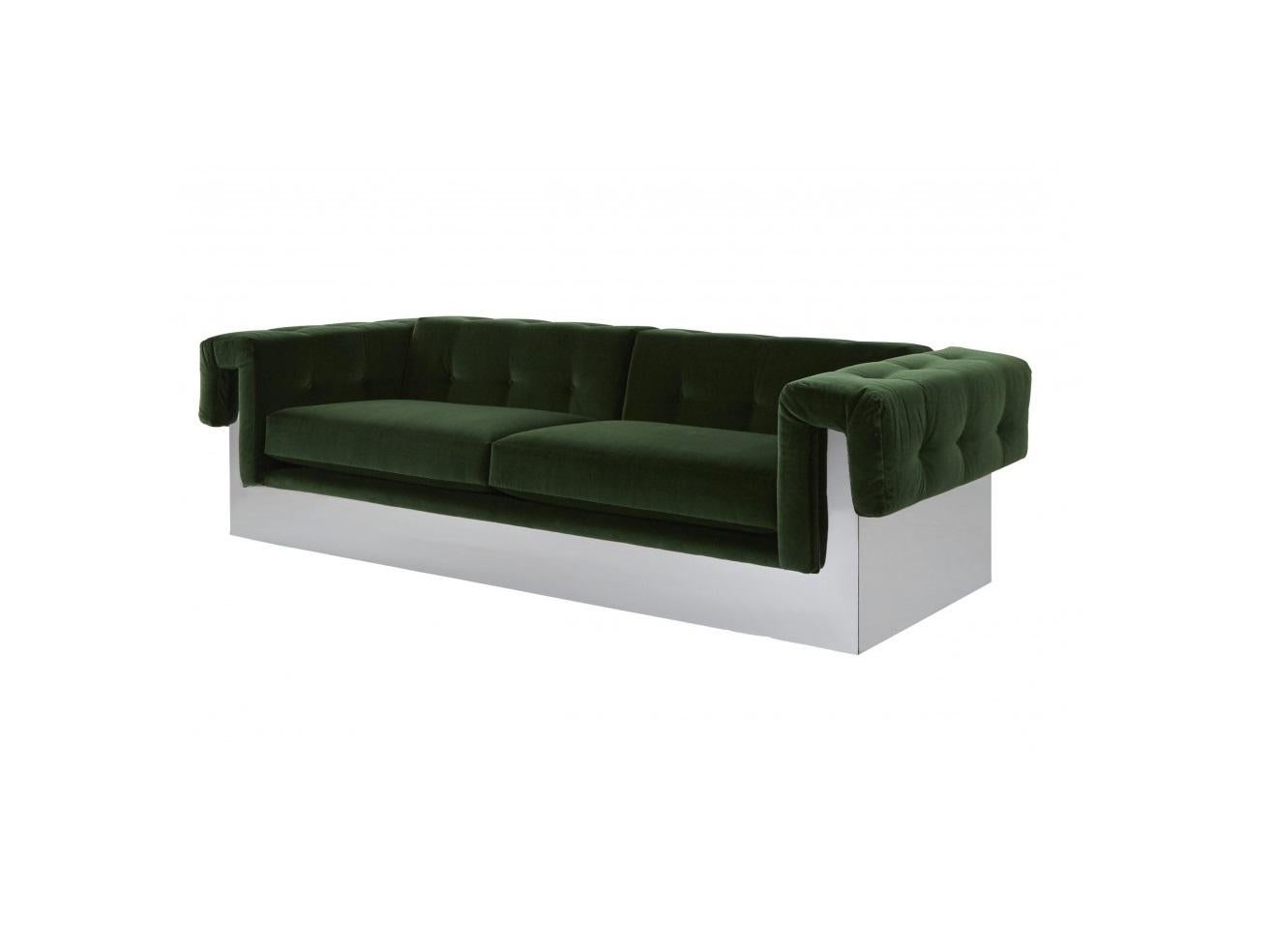 Milo Baughman Button-Tufted Green & Chrome Wrapped Sofa In Good Condition For Sale In Dallas, TX
