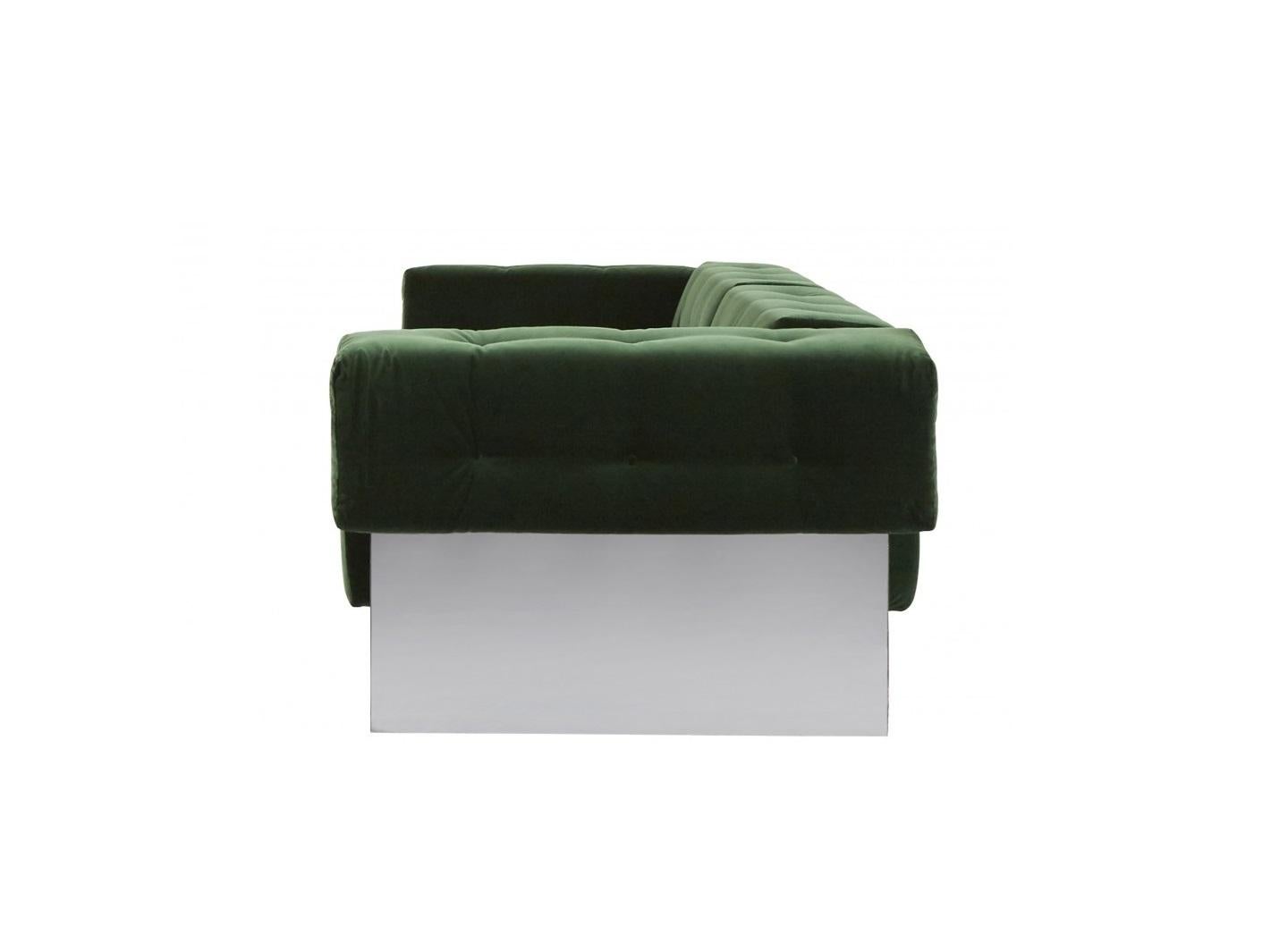 Late 20th Century Milo Baughman Button-Tufted Green & Chrome Wrapped Sofa For Sale