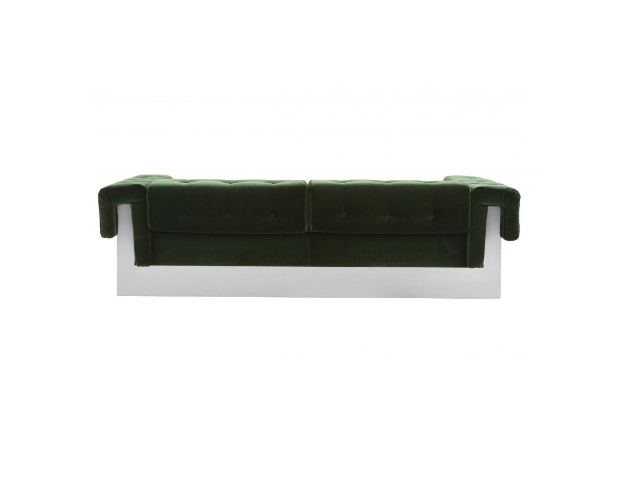 Velvet Milo Baughman Button-Tufted Green & Chrome Wrapped Sofa For Sale