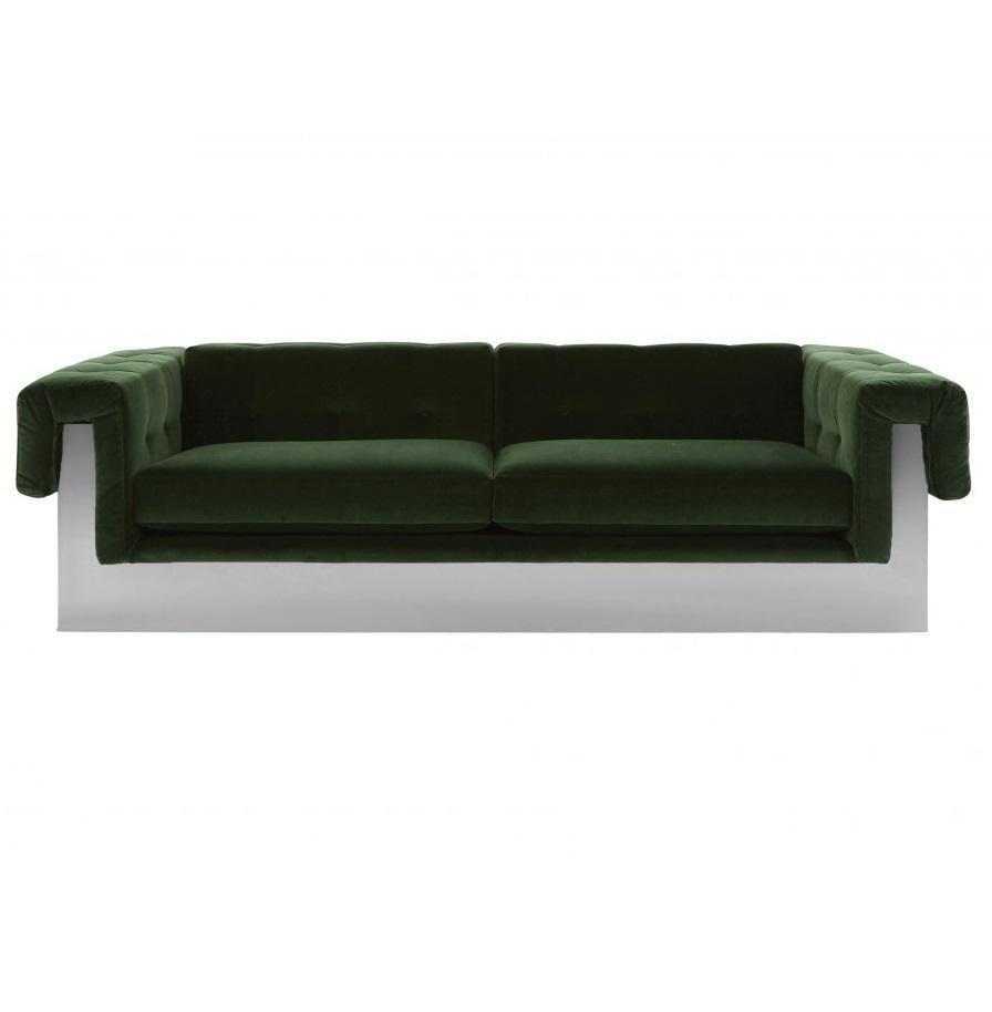 Milo Baughman Button-Tufted Green & Chrome Wrapped Sofa