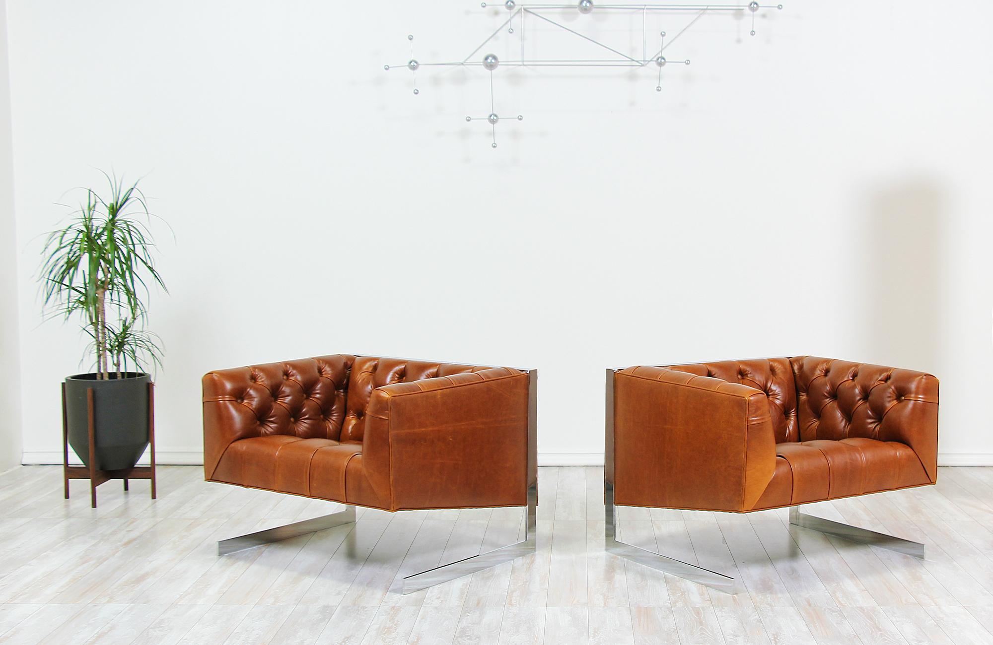 Mid-Century Modern Milo Baughman Cantilever Steel & Leather Tufted Lounge Chairs for Thayer Coggin