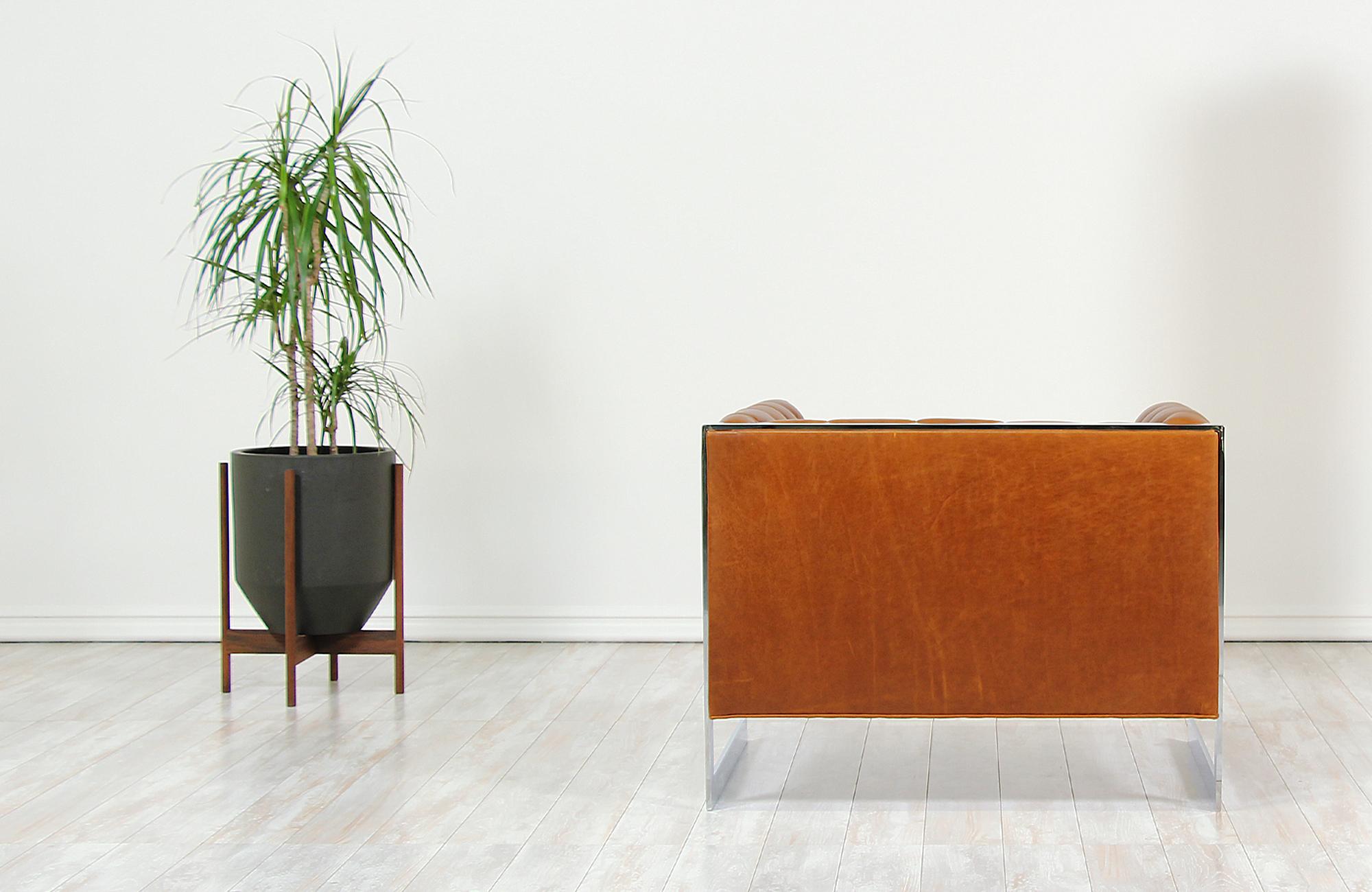 Mid-20th Century Milo Baughman Cantilever Steel & Leather Tufted Lounge Chairs for Thayer Coggin
