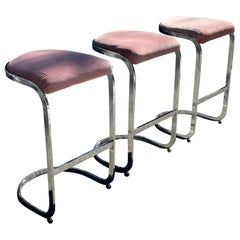 Milo Baughman Cantilevered Chrome Bar Stools – Set of 3