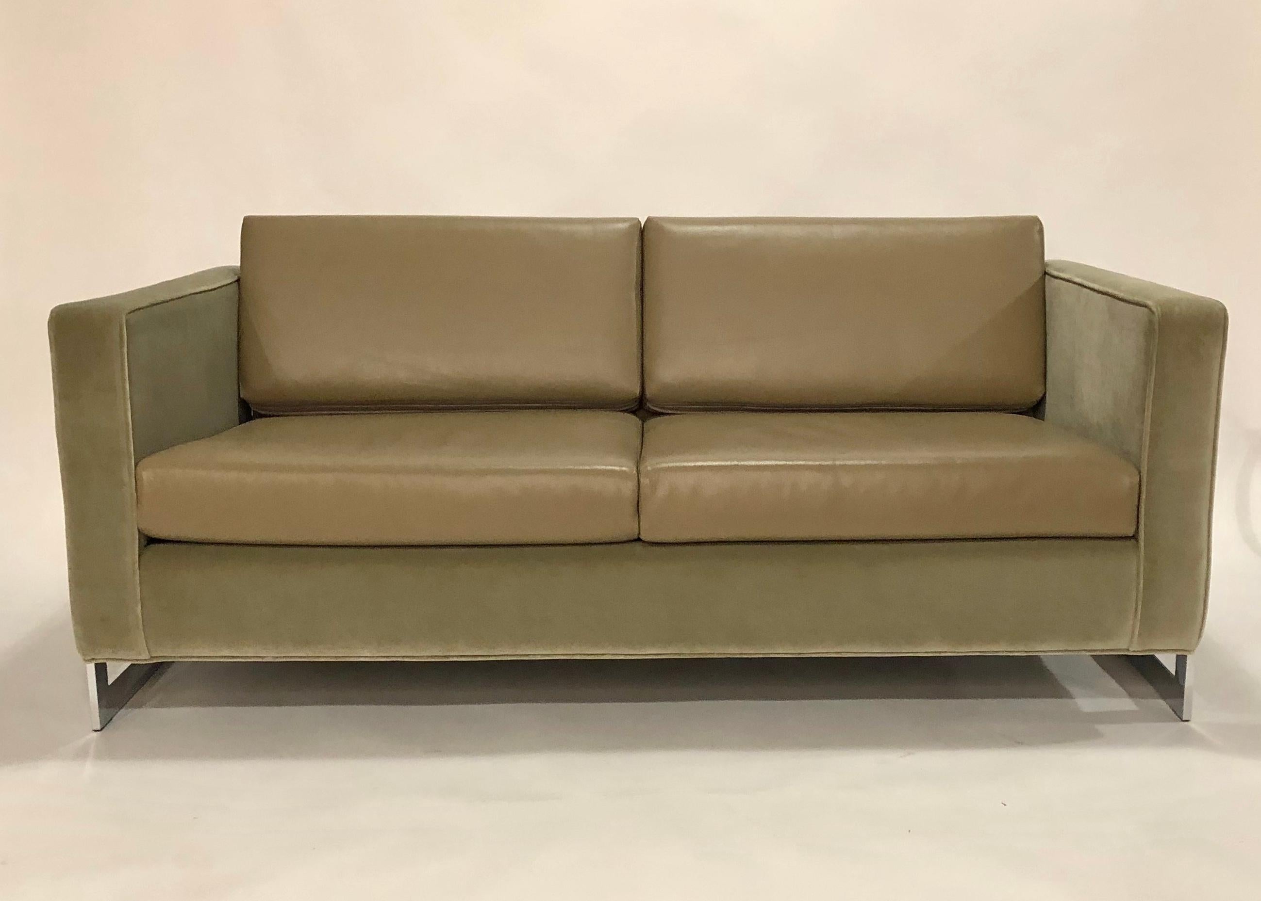 Milo Baughman cantilevered love seat sofa for Thayer Coggin reupholstered in a mushroom color velvet and matching color leather cushions.